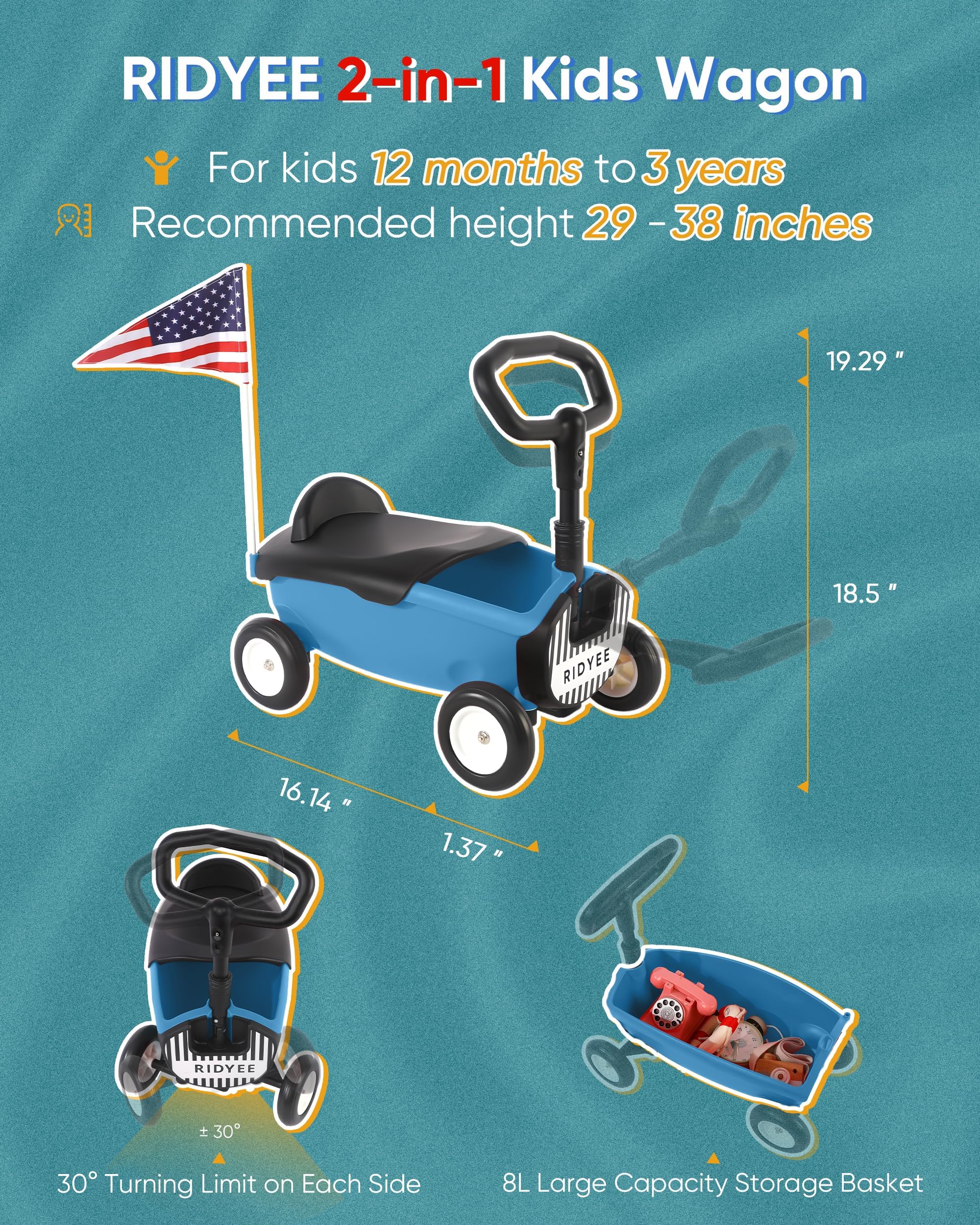 2-in-1 Toy Wagon & Push Walker for Toddlers 1-3 Years - Adjustable Handlebar, Removable Seat, 8L Large Storage Basket, Steering Limit & DIY Stickers - Blue - Perfect for Indoor Play, Outdoor Walks & Learning to Walk