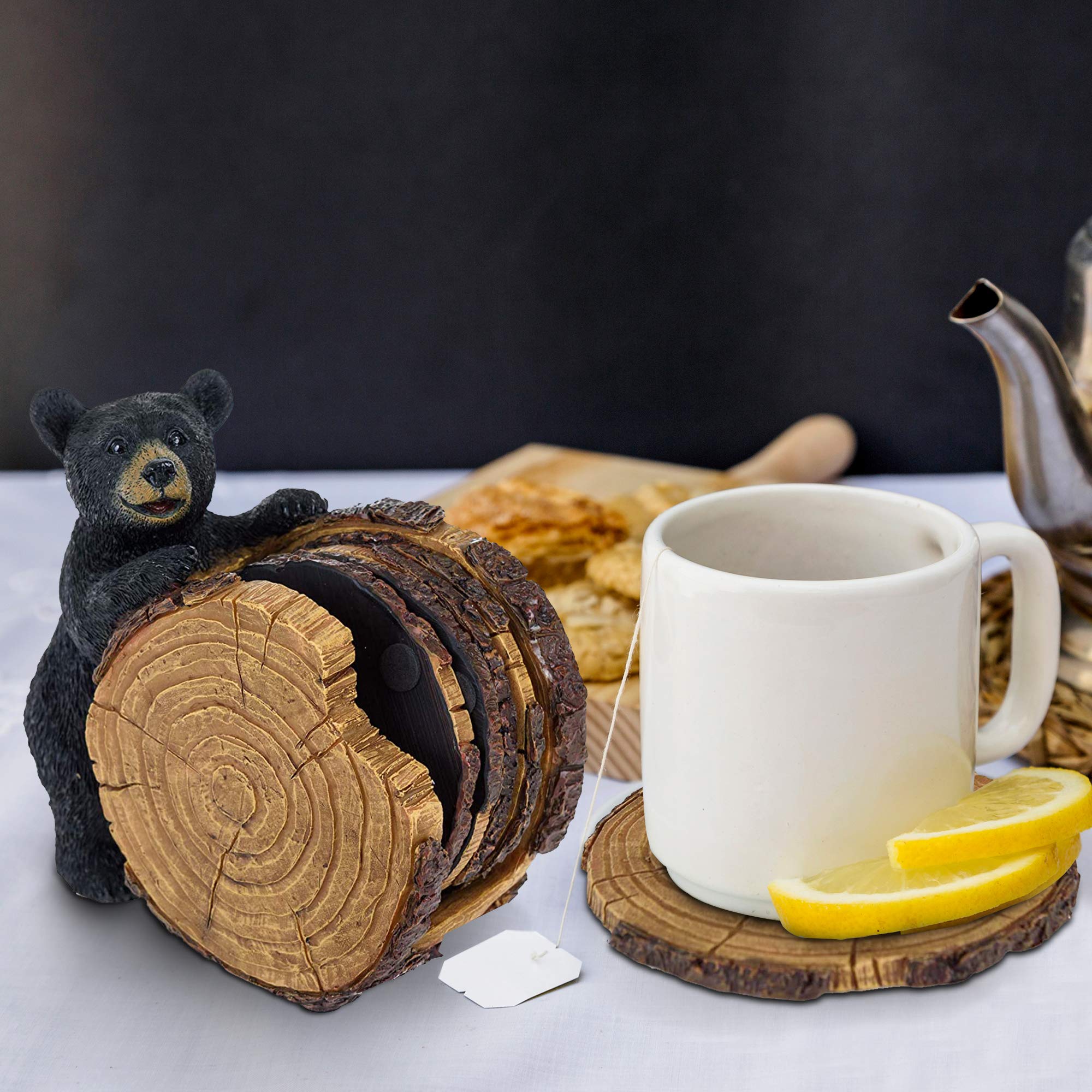 Black Bear Stump Coaster Set - 5-Piece Bear-Themed Drink Coasters with Holder - Rustic Cabin Decor for Kitchen, Dining Room & Home - Perfect Gift for Women, Birthday & Housewarming - Ideal for Coffee Tables, Bars & Outdoor Entertaining