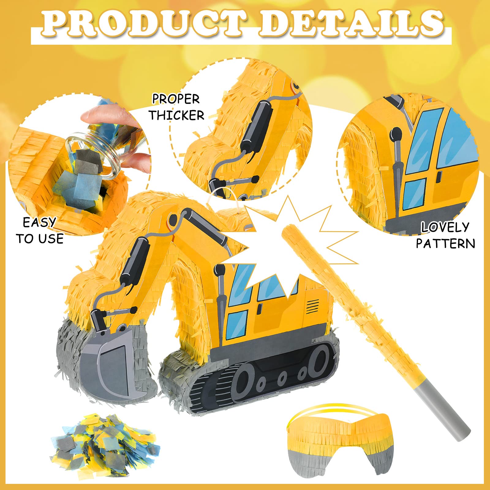 Ferraycle Excavator Construction Truck Pinata for Boys Birthday Party - Kids Construction Theme Party Supplies with Blindfold, Bat, Confetti & Number Crane Tractors - Perfect for Construction Birthday Parties, School Events & Pinata Games