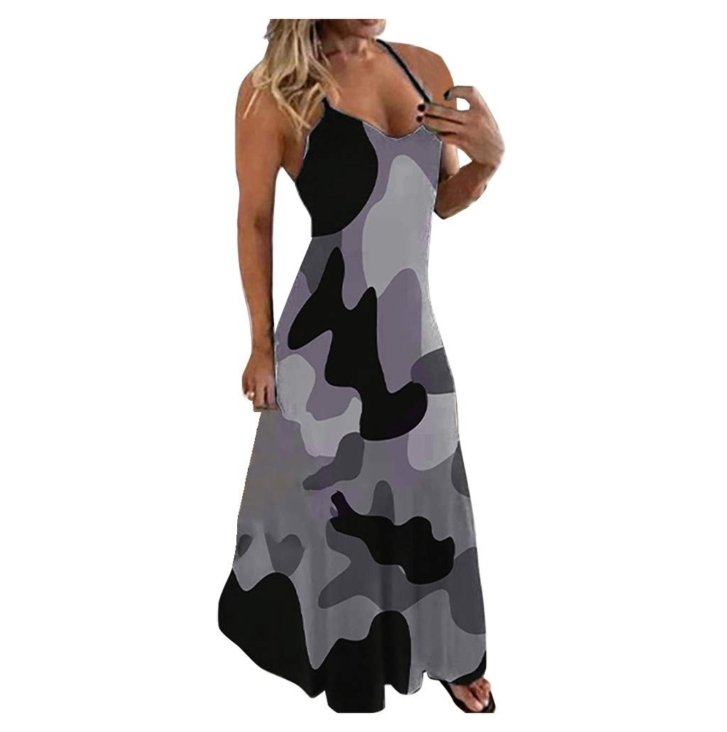 Women's Plus Size White V-Neck Camouflage Sleeveless Maxi Dress - Elegant Long Formal Dress for Evening Parties, Weddings & Special Occasions
