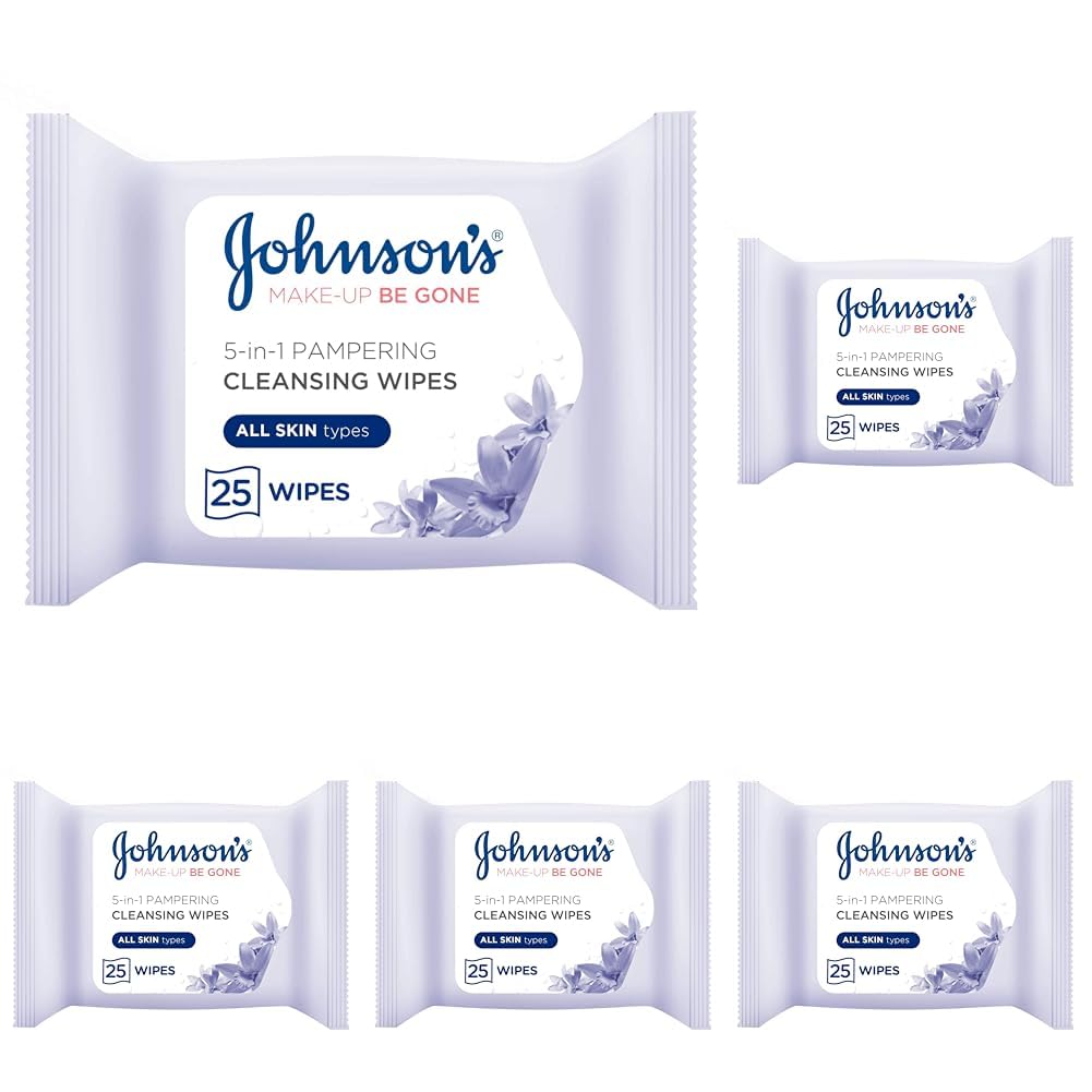 Johnson's Make Up Be Gone Pampering Wipes - Moonflower Scented Facial Cleansing Wipes (25 Count, Pack of 5) | Gentle Makeup Remover for Sensitive Skin | Perfect for Travel, Gym & Quick Refresh