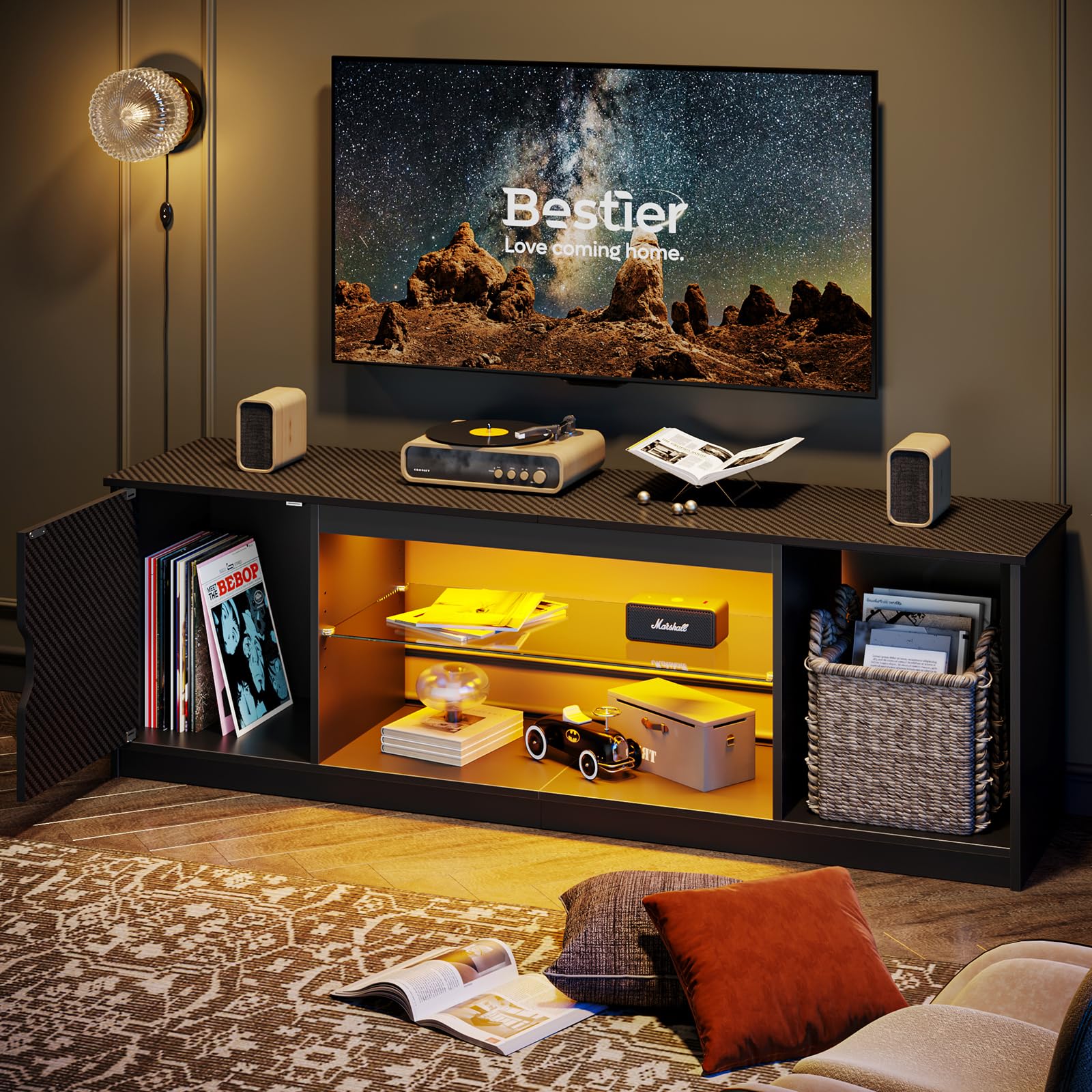 Bestier 57 Inch Modern LED TV Stand for 55/60/65 Inch TVs - Gaming Entertainment Center with Storage Cabinet for PS5, Xbox & Media Devices - Adjustable Glass Shelves TV Console for Living Room & Bedroom - Perfect for Home Theater Setup & Gaming Stations (Black)