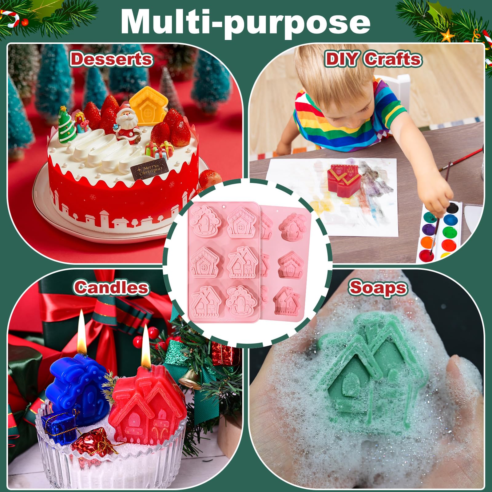 (2 Pack) Christmas Soap Molds - 3D Silicone Baking Molds Set with 3 Festive House Shapes for DIY Candles, Handmade Soaps, Cupcakes, Chocolates & Wax Melts - Perfect for Holiday Baking, Christmas Gifts & Home Decor Crafts