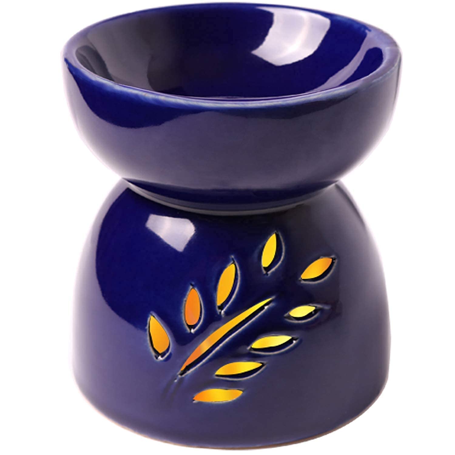 Blue Ceramic Essential Oil Burner with Classic Leaf Carving - Aromatherapy Diffuser, Tea Light Candle Holder & Wax Melter for Home Fragrance - Perfect for Living Room Decor, Balcony Relaxation & Garden Ambience