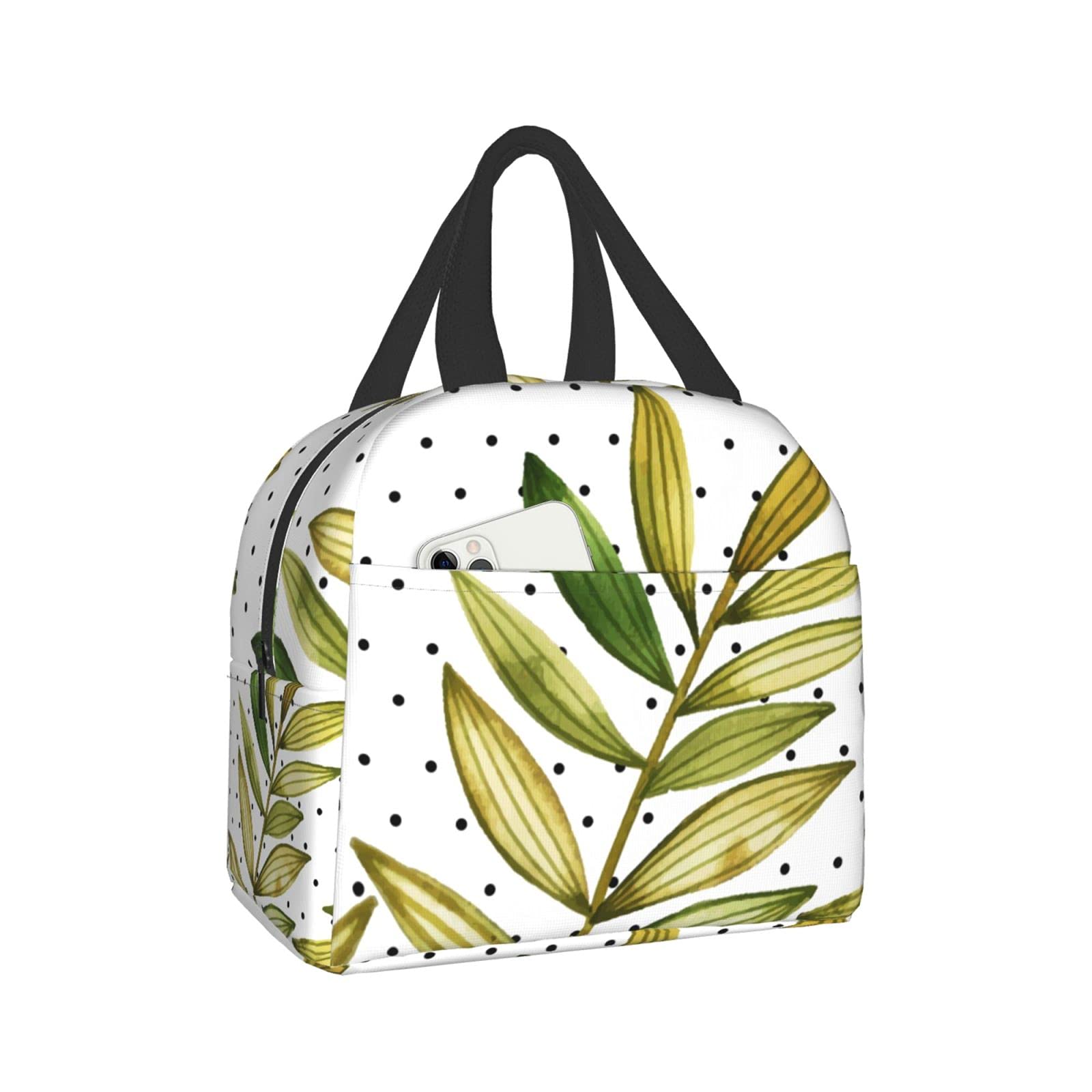 Waterproof Black Polka Dot Thermal Lunch Bag with Pocket - Insulated Portable Lunch Box for Work, School, Picnic - Perfect for Office, Outdoor & Travel Meals