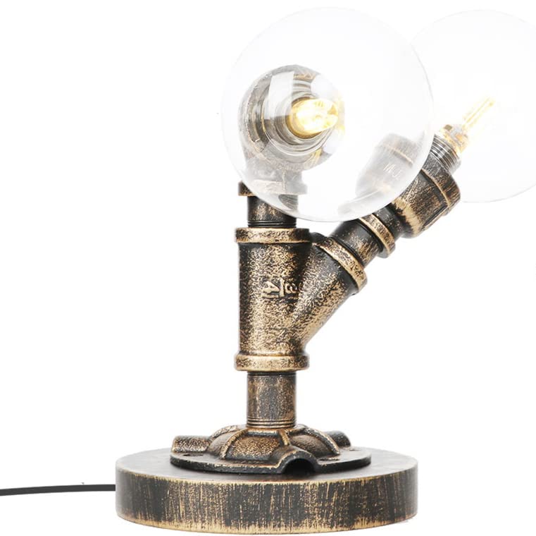 Vintage Retro 2-Light Copper Wrought Iron Desk Lamp with Glass Shade - G4 LED Warm Light Bulb, Press Button Switch - Perfect for Home Office, Study Room & Bedside Nightstand Lighting