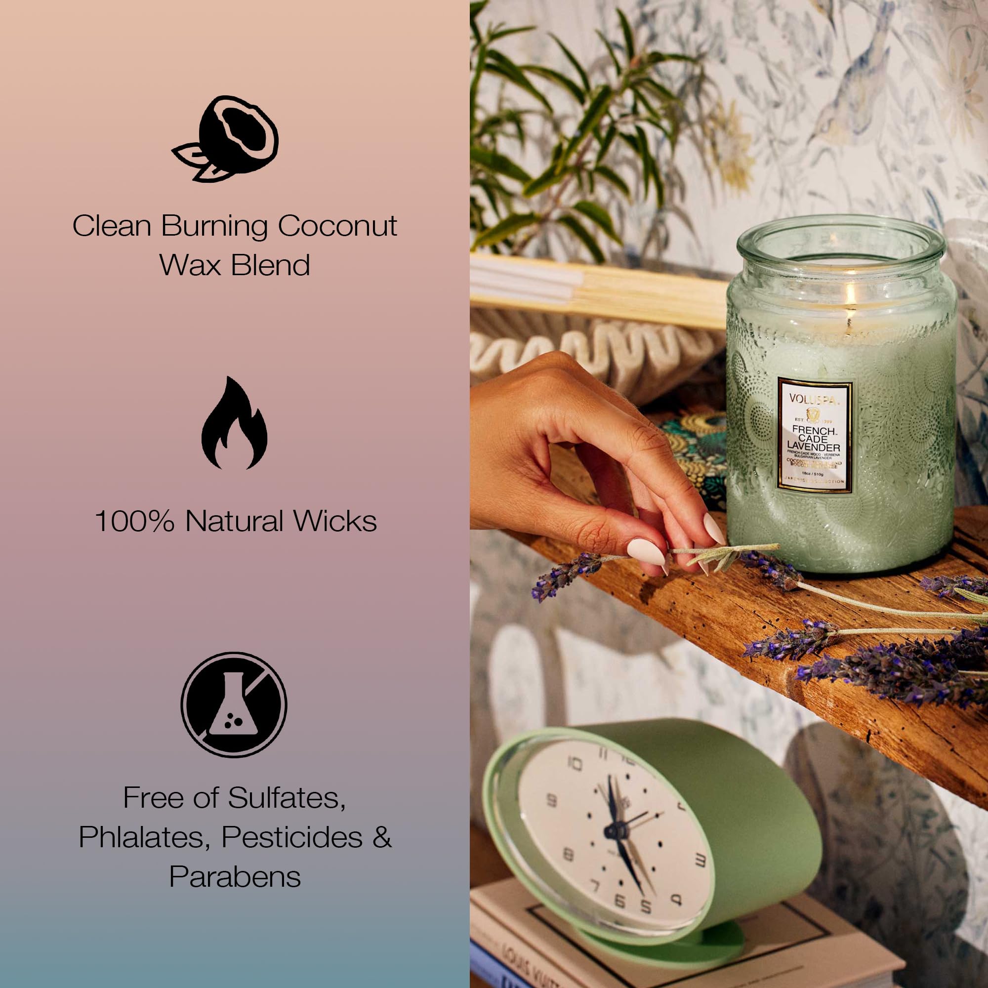 Voluspa French Cade Lavender Scented Candle - 18oz Coconut Wax Blend for Home, 100 Hour Burn Time in Elegant Jar - Perfect for Relaxation, Spa Nights & Romantic Ambiance