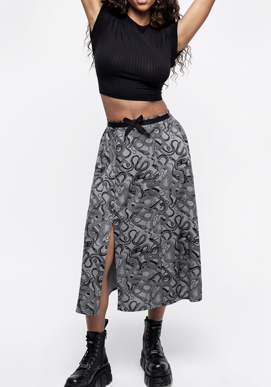Ophidia Snakes Print Midi Skirt for Women - Grey Floral Snake Pattern Skirt | Perfect for Casual Outings, Date Nights & Summer Fashion