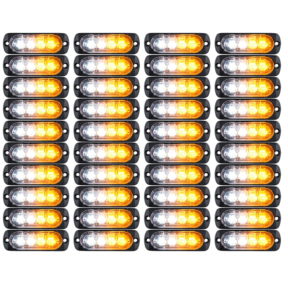 40pcs Amber/White Ultra Slim 12W 4-LED Emergency Strobe Lights for Vehicles - Car, Truck, Jeep, ATV, UTV, SUV, Van - Construction Zone & Roadside Warning Safety Lights