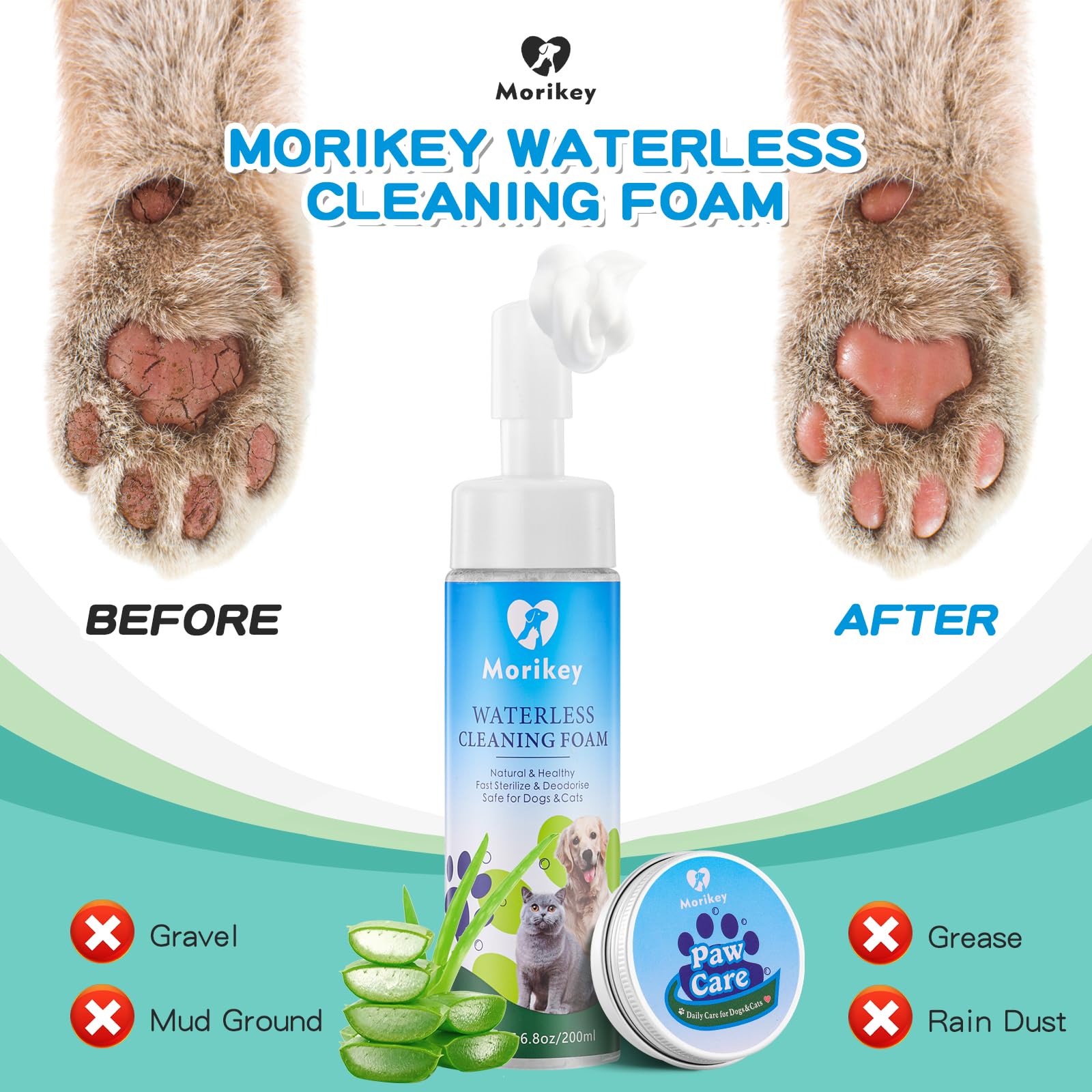Morikey No-Rinse Dog Paw Cleaner with Brush & Balm - Waterless Pet Shampoo for Quick Cleaning