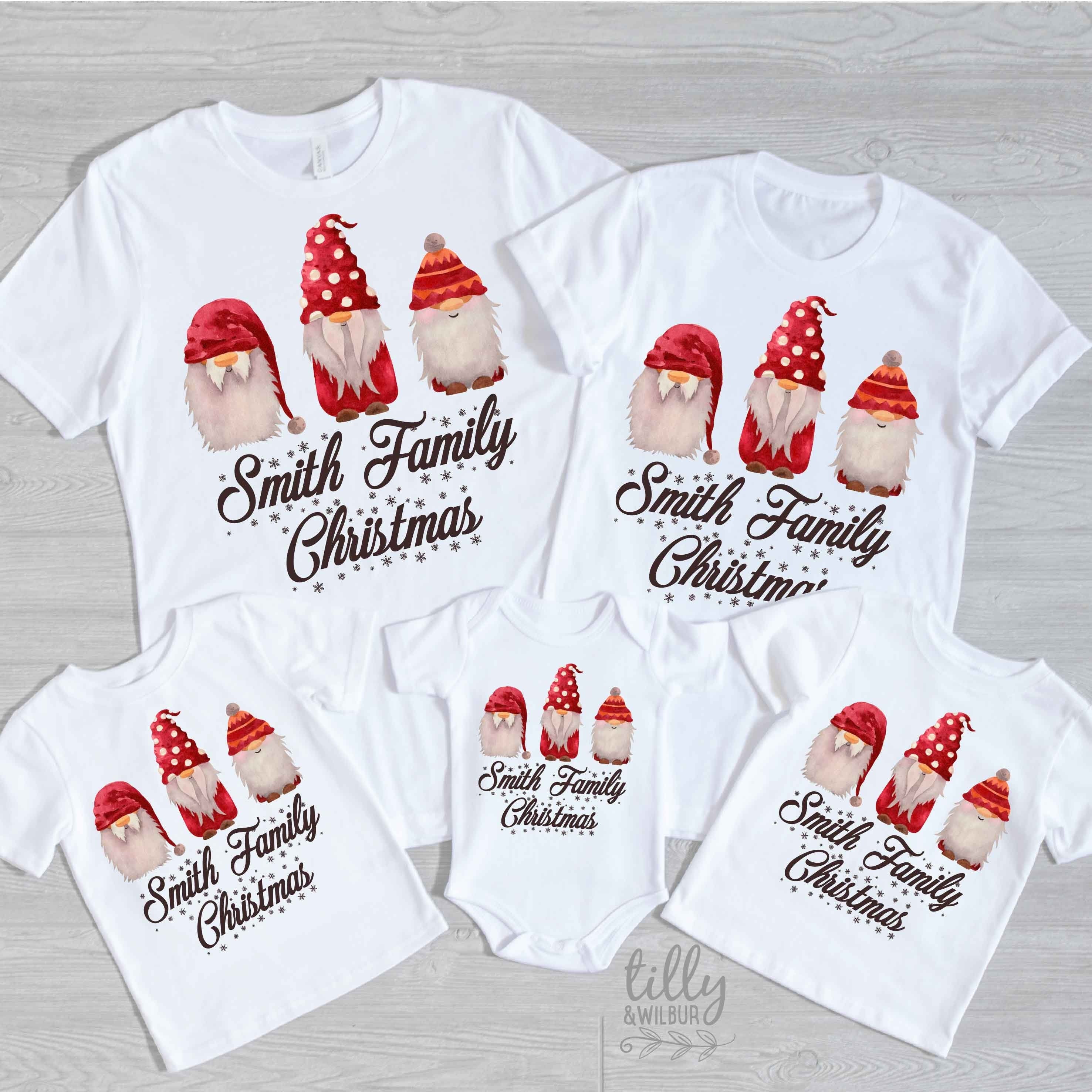Custom Surname Gnome Family Christmas T-Shirts - Personalized Holiday Matching Outfits for Couples & Families | Festive Xmas Party, Family Photo & Gift Giving