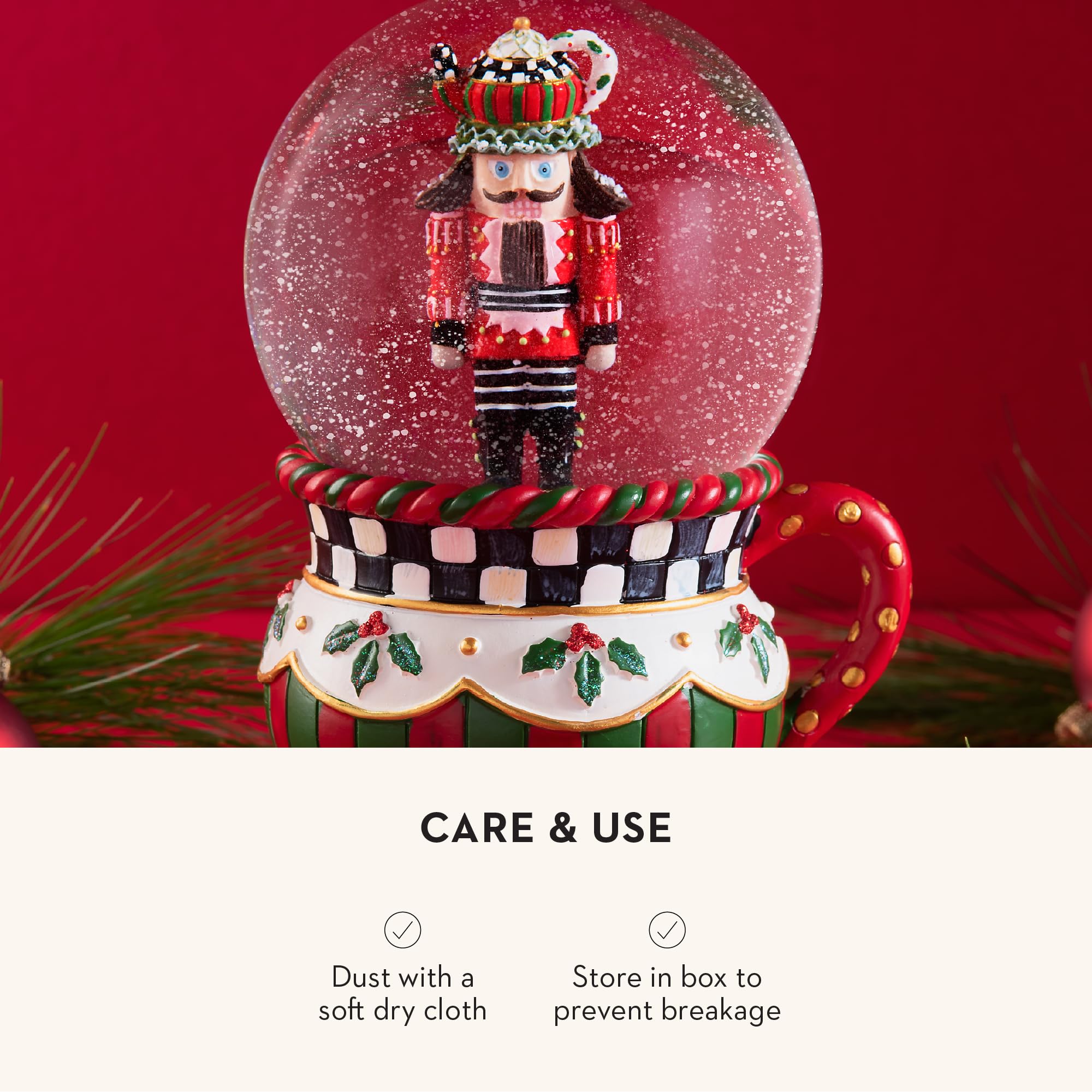 MacKenzie-Childs Snow Globe - Christmas Teapot Nutcracker Ornament for Holiday & Winter Home Decor - Perfect for Living Room, Mantel, and Gift Giving