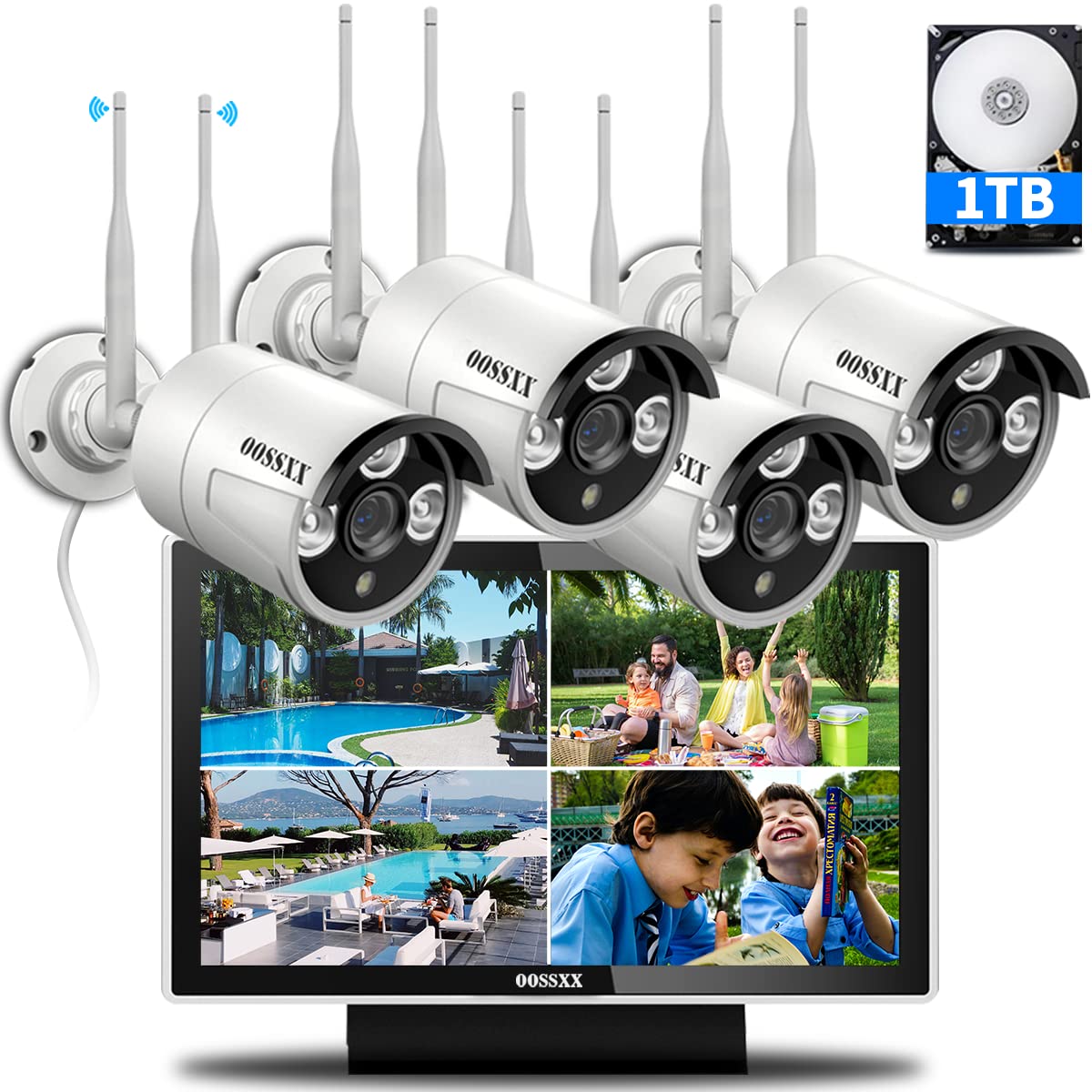 2-Antennas Wireless Outdoor Security Camera System with 3.0MP HD Monitor - All-in-One WiFi Home Surveillance for Enhanced Protection | Perfect for Backyard, Garage & Property Monitoring