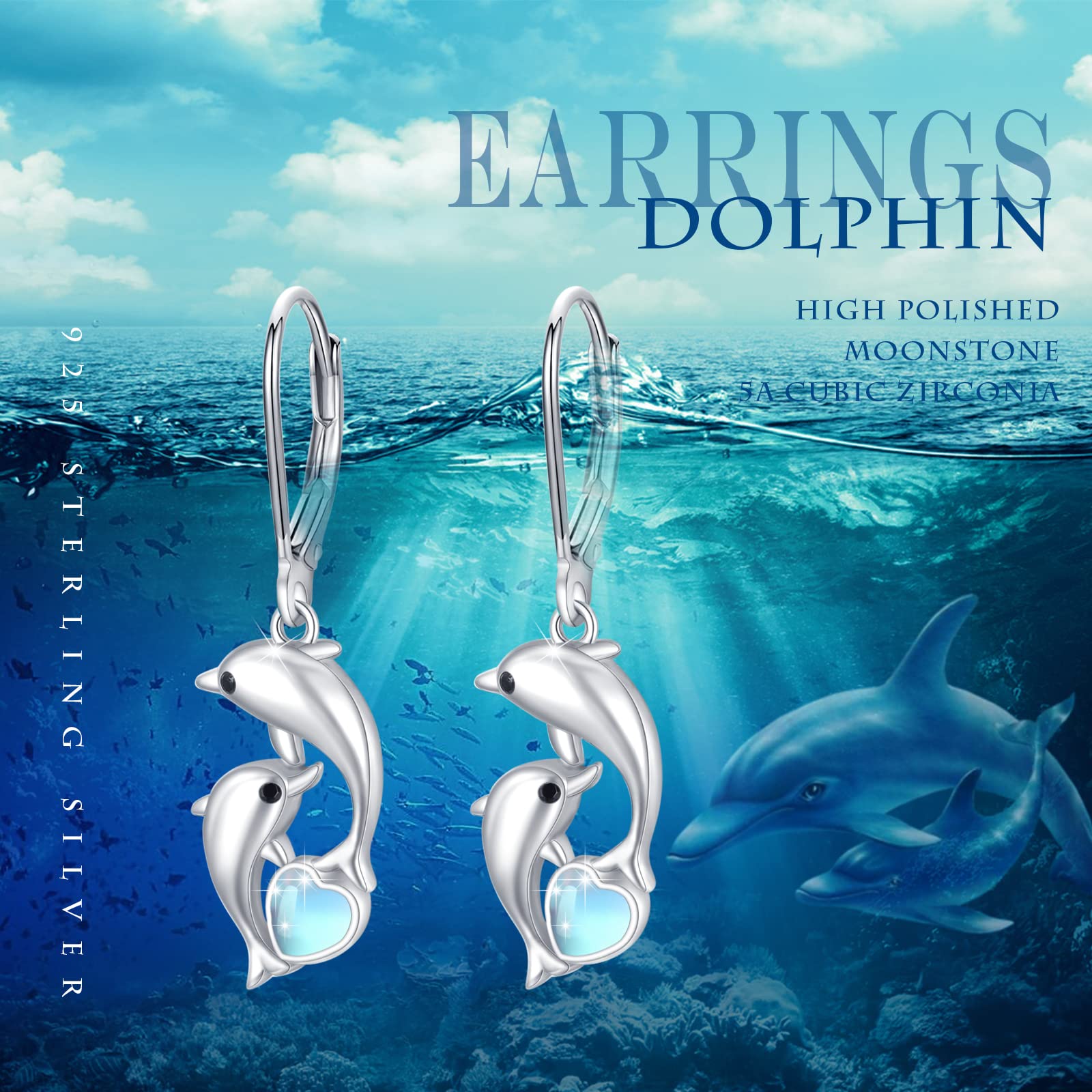 Sterling Silver Dolphin Hoop Earrings with Blue Heart Crystals - Hypoallergenic Dangle Earrings for Women, Sensitive Ears Jewelry - Perfect Nautical Gift for Best Friend, Ocean Lover & Sailor Theme Outfits