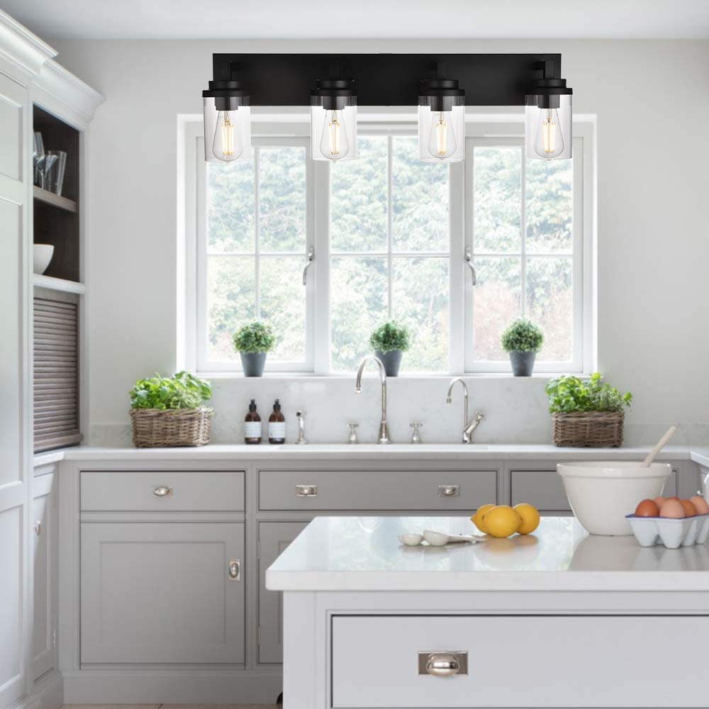 MELUCEE 4-Light Farmhouse Vanity Lights - Black Industrial Wall Mount Bathroom Mirror Lighting with Clear Glass Shade - Perfect for Bedroom, Kitchen, Hallway & Bathroom Decor