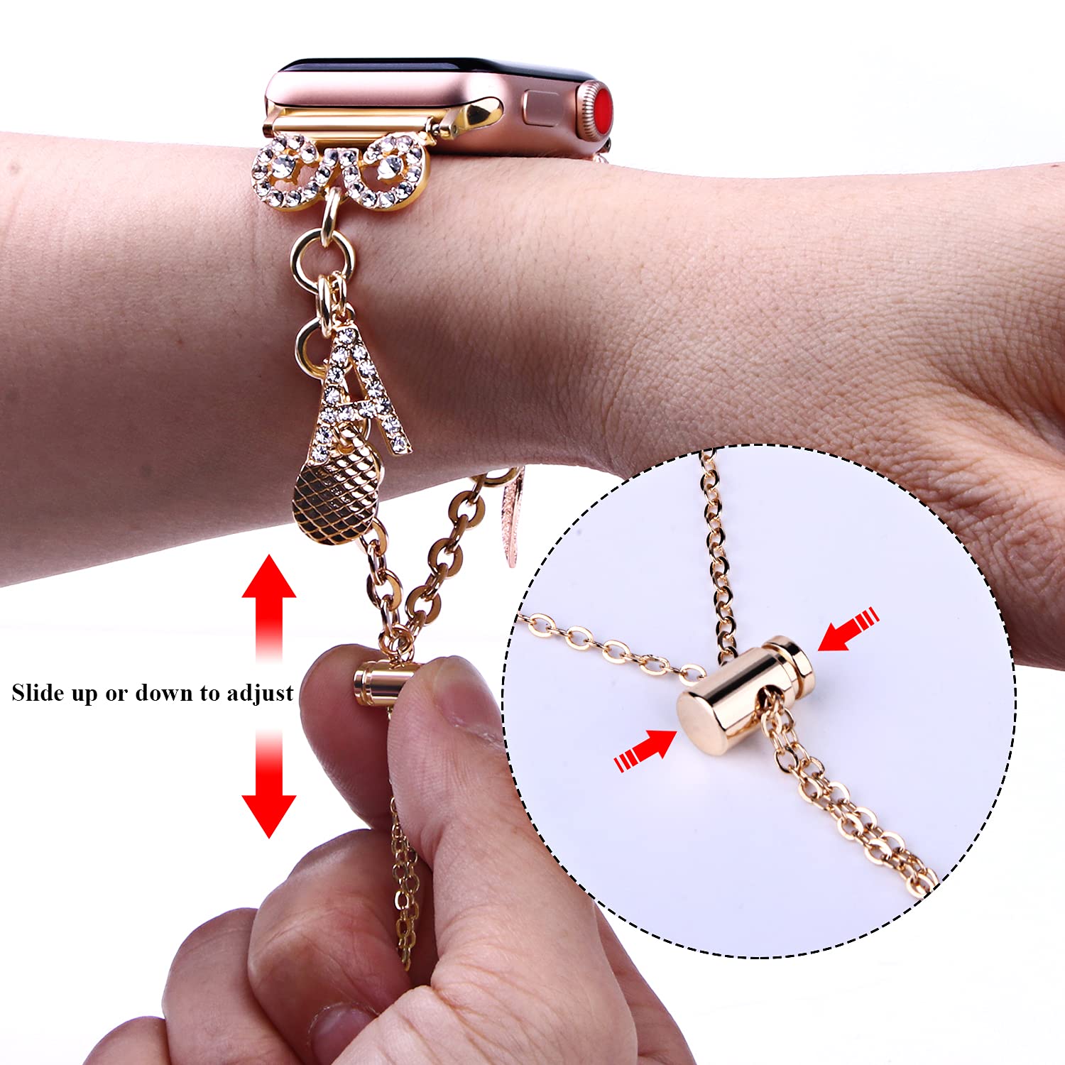 VIQIV Luxury Metal Bracelet Band Compatible with Apple Watch Ultra/SE/Series 8/7/6/5/4/3/2/1 - 49mm 45mm 44mm 42mm 41mm 40mm 38mm Sizes - Elegant Bling Jewelry Strap for Women & Girls - Perfect for Work, Parties & Special Occasions