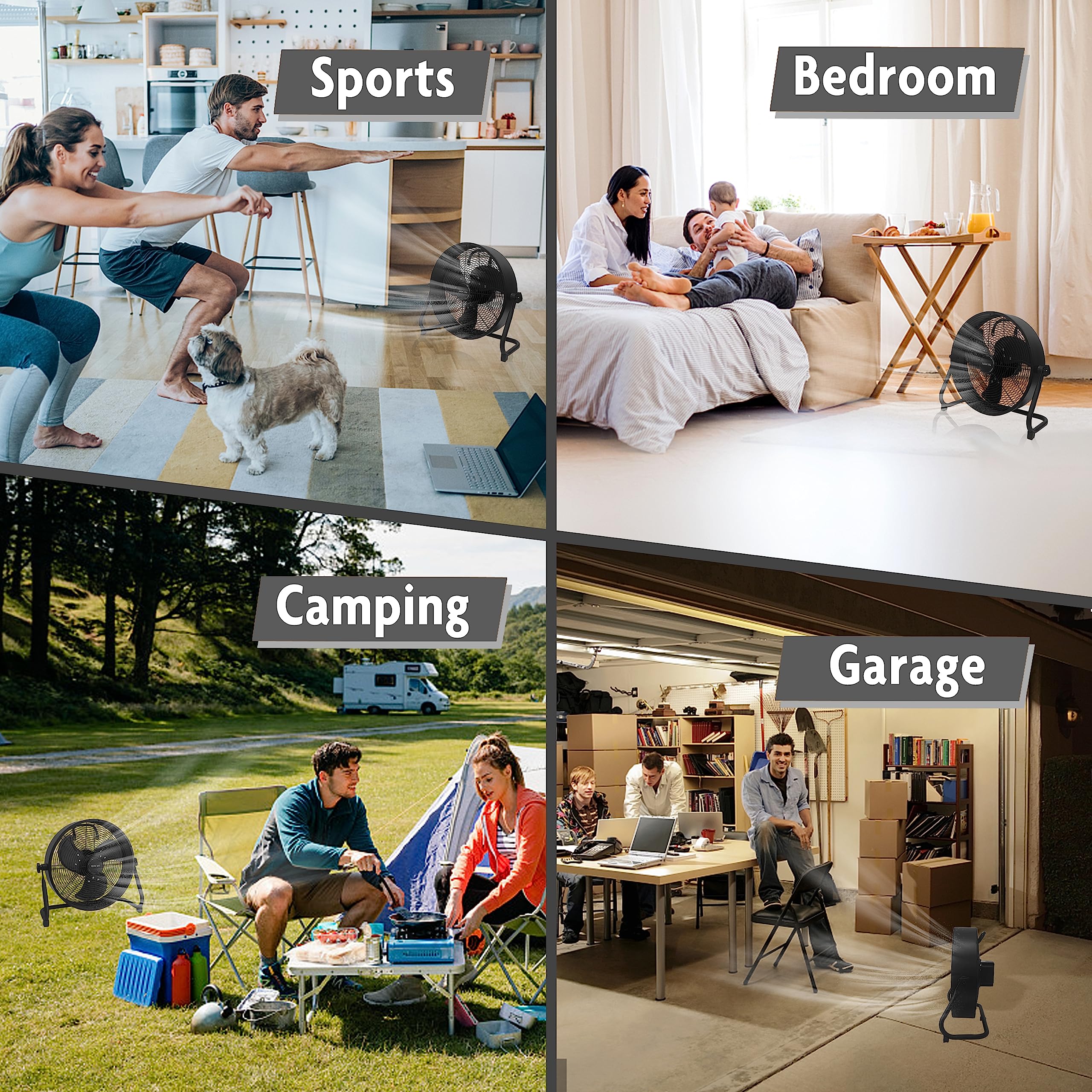 12-Speed Rechargeable Battery Operated Floor Fan - High Velocity Portable Cordless Outdoor Fan with USB Phone Charging - Ideal for Camping, Travel, Patio, Indoor Use - 12 Inch Black Fan with Black Blades