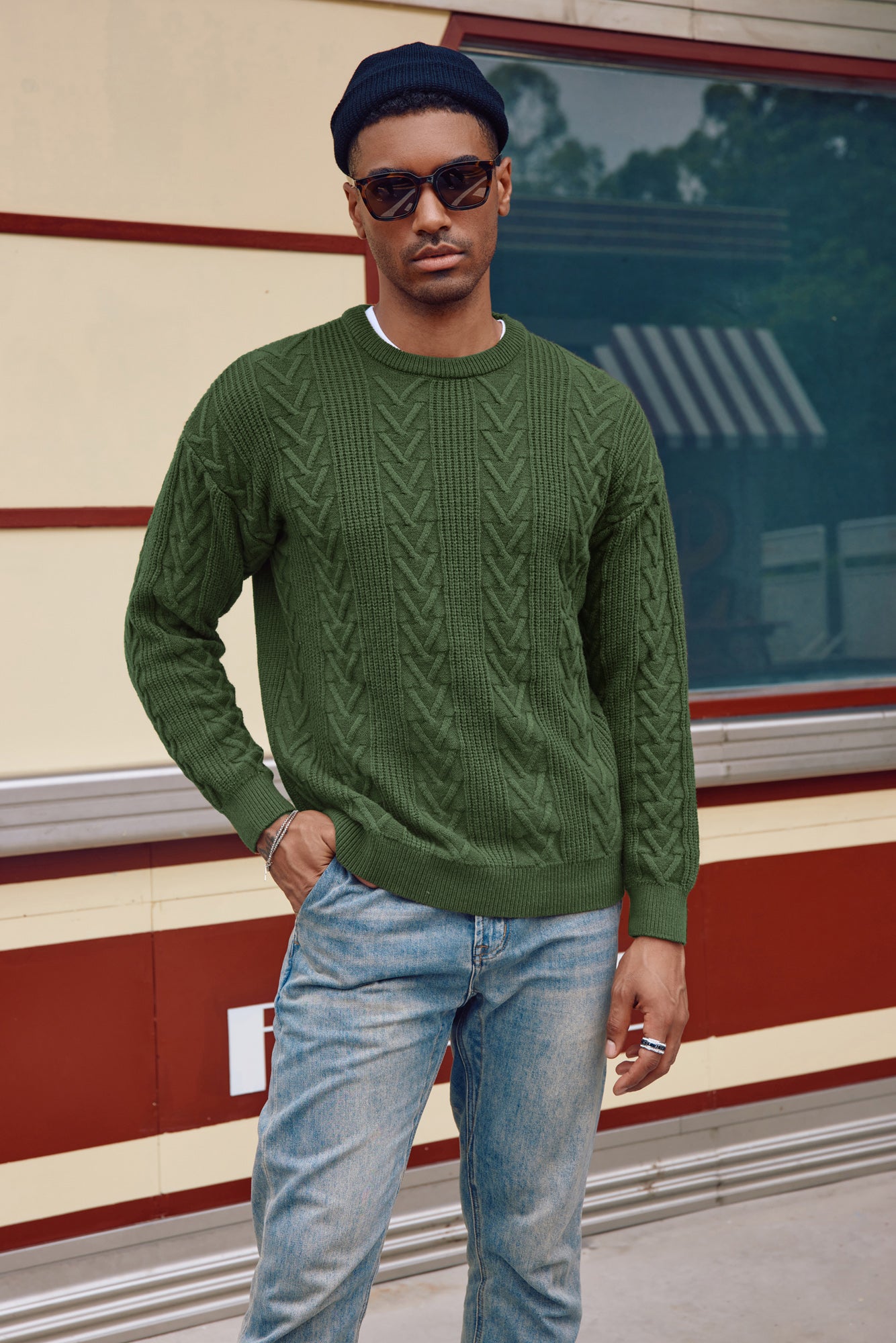 Men's Casual Cable Knit Crewneck Sweater - Drop Shoulder Solid Pullover for Fall & Winter | Cozy Office Wear & Weekend Outfits