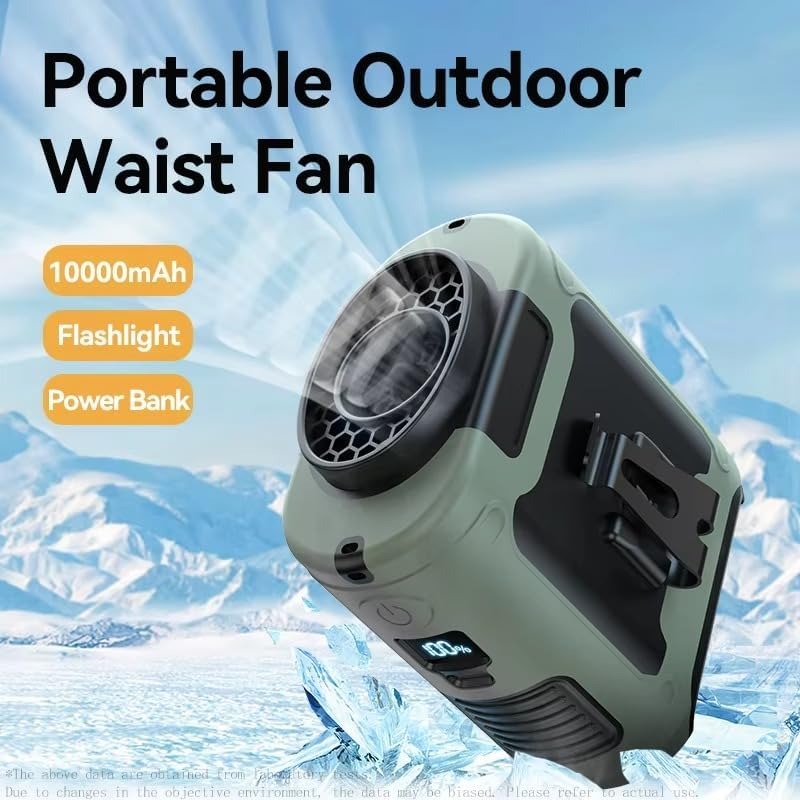 10000mAh Portable Waist Fan with Power Bank - Rechargeable Hanging Neck Fan, Strong Wind Cooling Fan with LED Light for Outdoor Sports, Hiking, Camping & Emergency Use (Green)