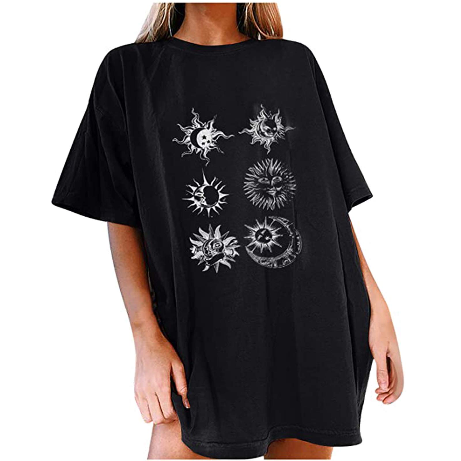 Vintage Oversized Graphic T-Shirt for Women - Funny Moon & Sun Design Casual Crewneck Short Sleeve Tee - Perfect for Everyday Wear, Street Style & Weekend Outfits