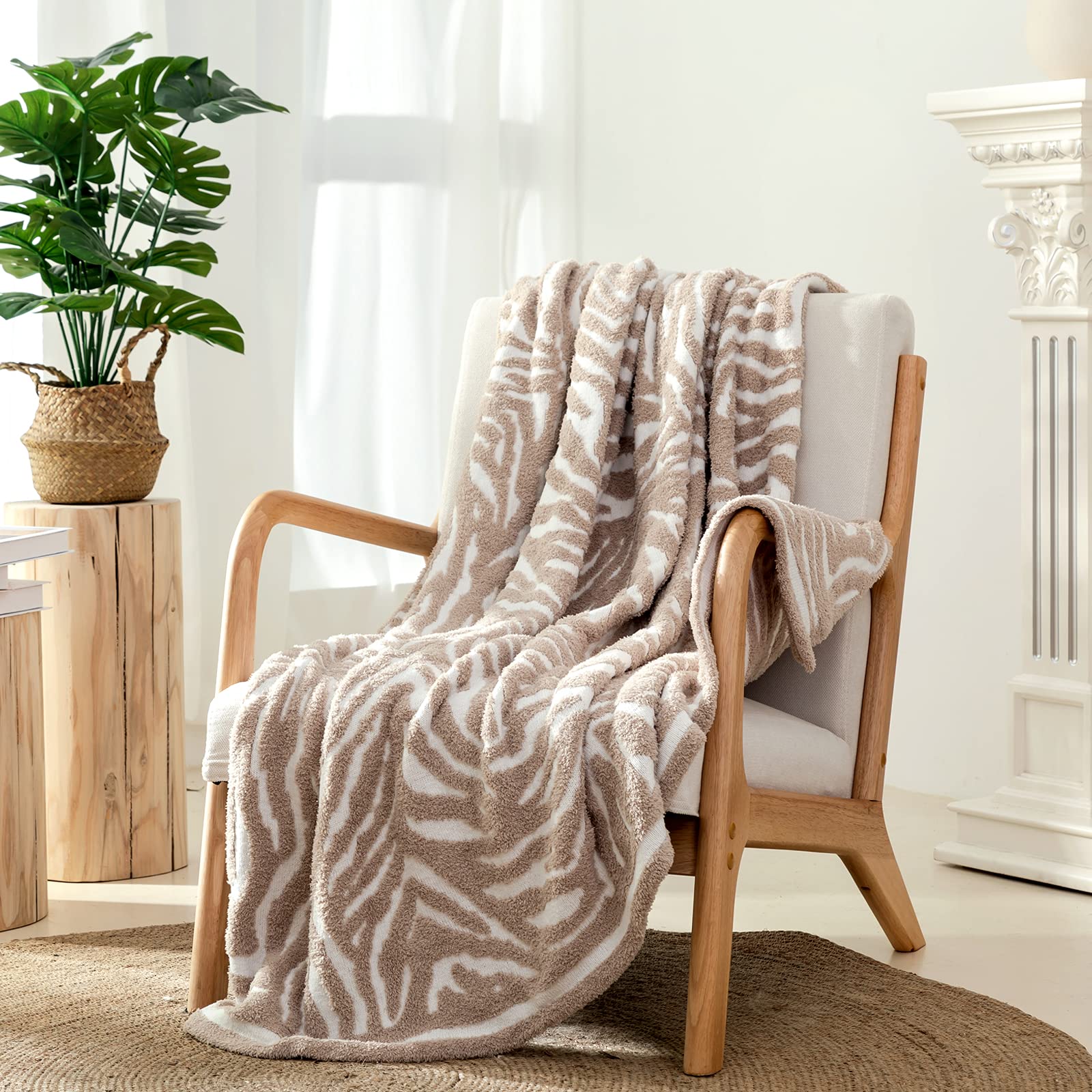 Snuggle Sac Beige Reversible Zebra Print Knitted Throw Blanket - Soft Cozy Warm Textured Farmhouse Style Blanket for Couch, Bed & Sofa (50x60 Inches) - Perfect for Living Room, Bedroom & Winter Nights