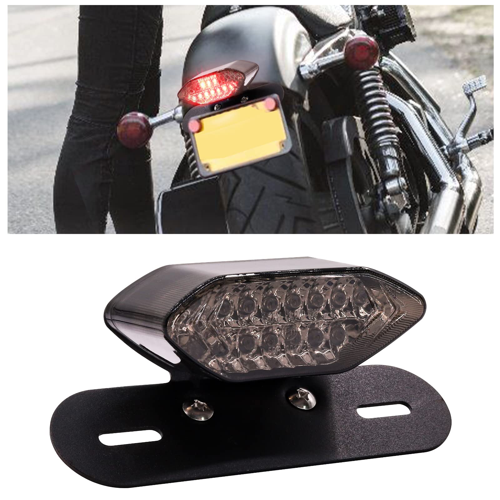 Universal 12V 16LED Motorcycle Tail Light - Integrated LED Brake Light with Turn Signal Indicators & License Plate Lamp (Smoke Black Cover) | Perfect for Cruiser, Sport Bike & Street Motorcycle Safety Lighting