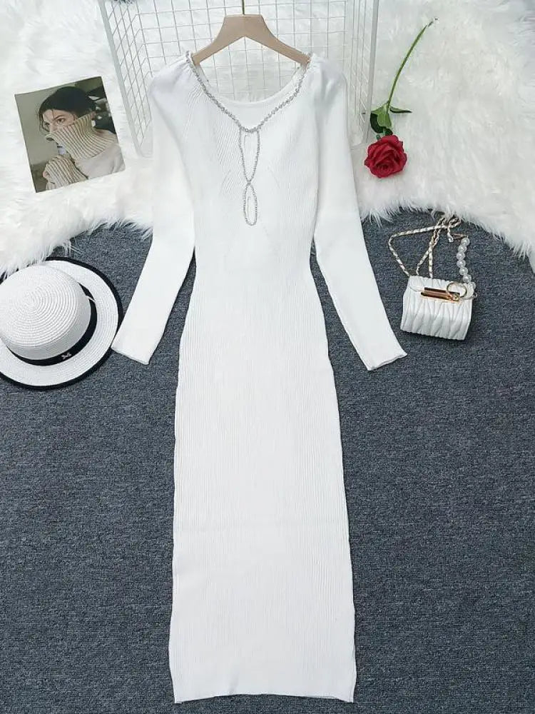 2024 French Square Neck Long Sleeve Knit Dress for Women - Elegant Solid Diamond Office Dress for Autumn Winter | Perfect for Work, Parties & Formal Occasions
