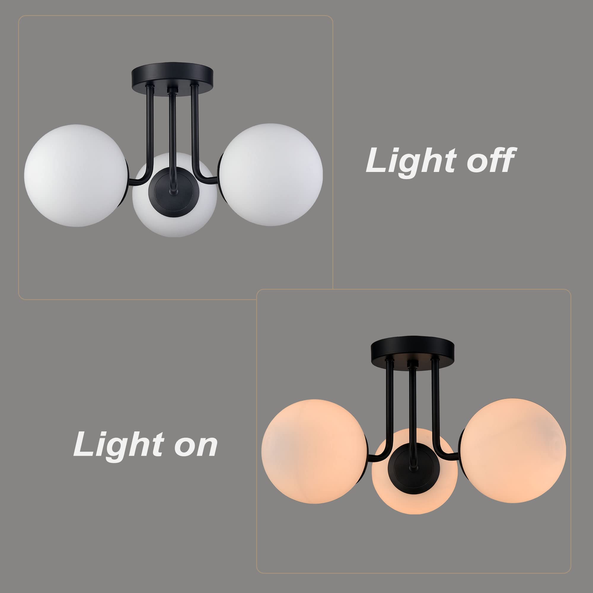 3-Light Modern Black Metal Semi Flush Mount Ceiling Light Fixture with White Globe Glass Shade - Hallway, Living Room, Bedroom Lighting - Sputnik Chandelier Style for Home & Office Decor