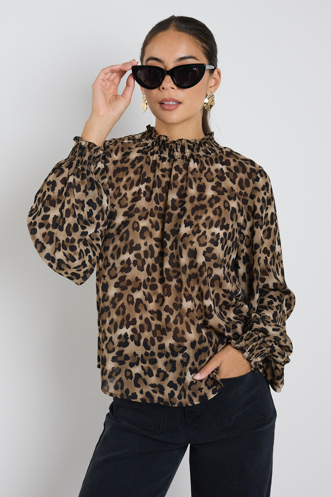 Elegant Leopard Print Georgette High Neck Long Sleeve Blouse for Women - Perfect for Office Wear, Date Nights & Special Occasions
