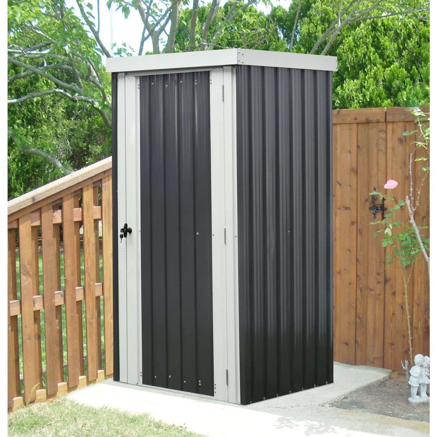 Galvanized Steel Outdoor Storage Shed - 3x3x6 ft Patio Garden Shed with Lockable Door & Tool Hooks | Dark Gray & White Rust-Resistant Yard Storage for Tools, Supplies | Perfect for Backyard, Garage & Garden Organization
