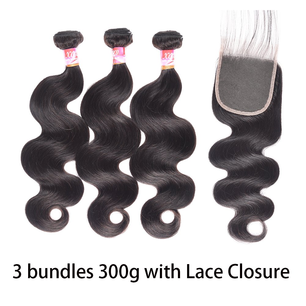 XCCOCO 3 Bundles Natural Black Body Wave Human Hair Weave with 4x4 Lace Closure - 100% Virgin Peruvian Remy Hair Extensions (10,12,14inch + 10inch Closure) - Perfect for Protective Styles, Weaves, Ponytails & Everyday Glam