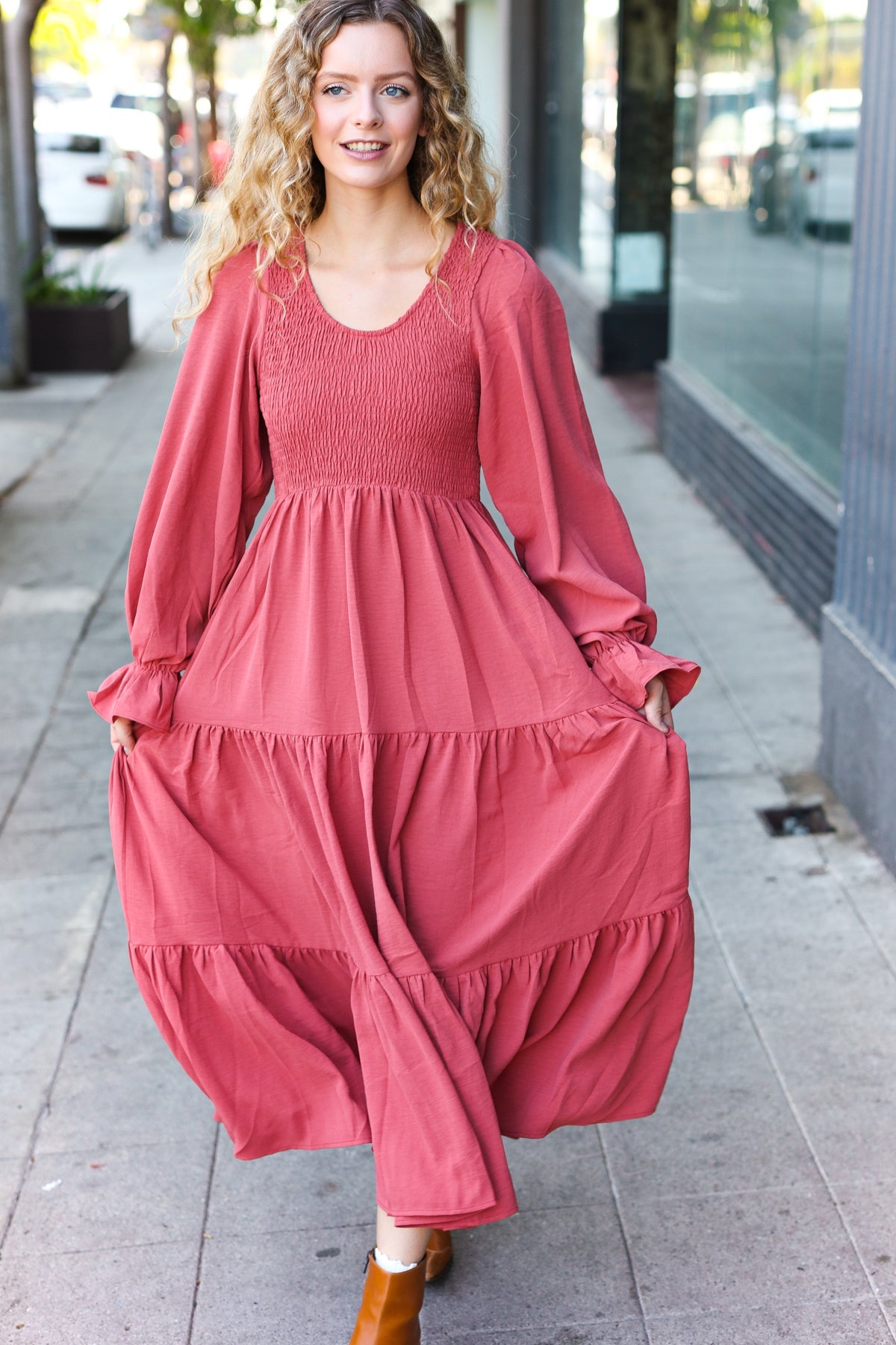 Beautiful You Lock Eyes Marsala Smocked Ruffle Sleeve Maxi Dress - Elegant Women's Long Dress for Weddings, Parties & Special Occasions