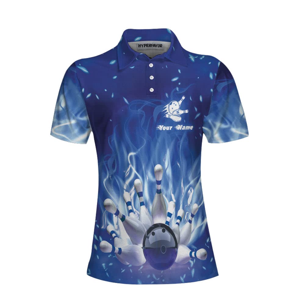 Custom Blue Flame Bowling Polo Shirt for Women - Personalized Short Sleeve Polo Shirt for Female Bowlers - Breathable Sporty Top for Bowling League & Casual Wear - Perfect Gift for Bowling Enthusiasts