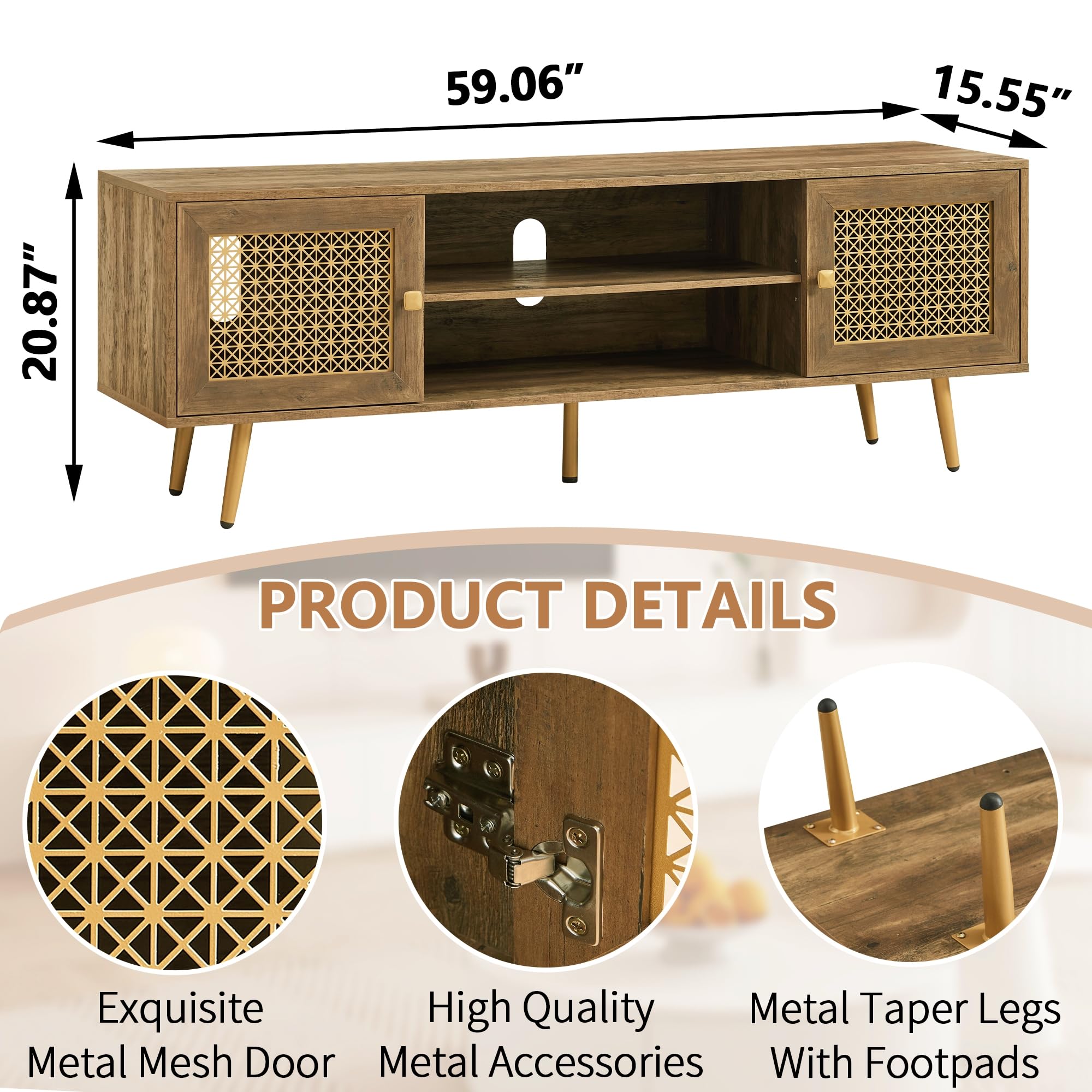Mid Century Modern TV Stand with Metal Mesh Doors & Open Shelf for 65