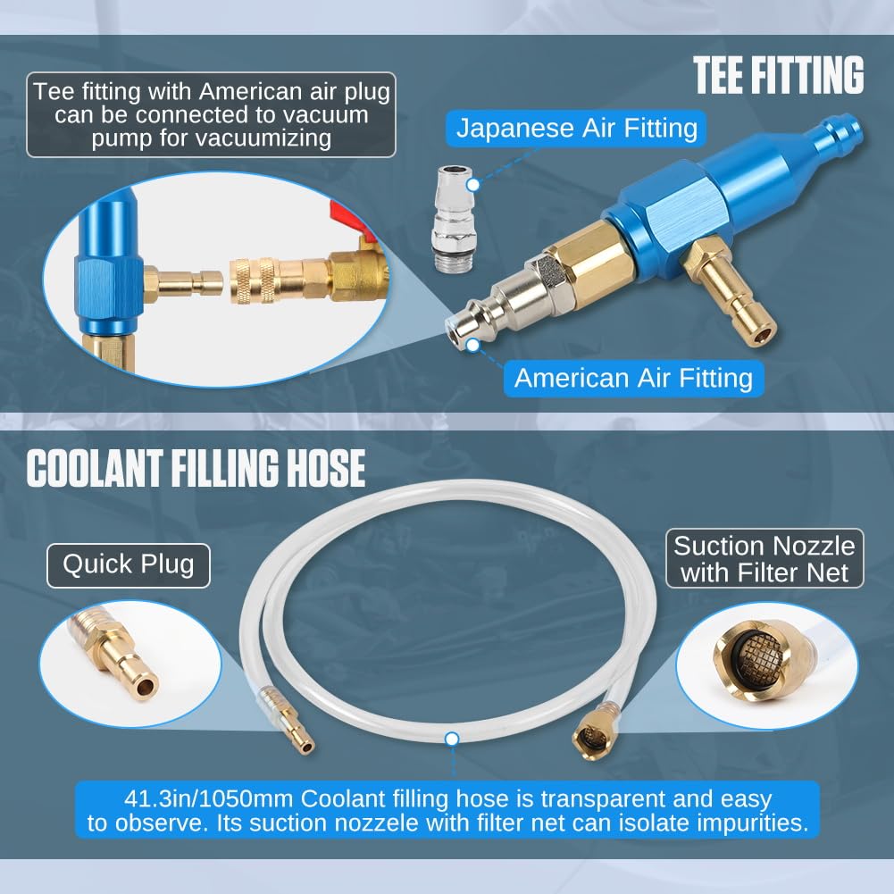 Time-Saving Coolant Vacuum Refill Kit - Well-Sealed Cooling System Vacuum Purge & Refill Kit with Pressure Gauge, 5 Size Adapters & Long Filling Hose for All Vehicles - Perfect for DIY Car Maintenance & Professional Auto Repair Shops
