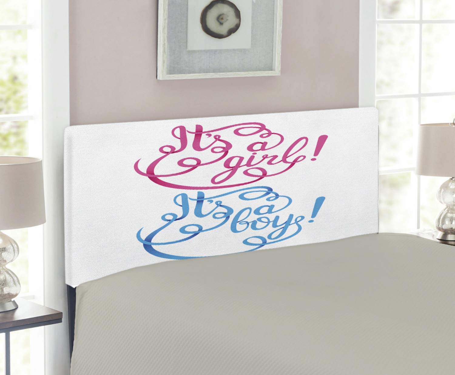 Ambesonne Gender Reveal Headboard - Classic Hand-Drawn It's a Boy/Girl Design, Upholstered Decorative Metal Bed Frame with Memory Foam, Twin Size (Hot Pink & Blue) - Perfect for Baby Showers, Nursery Decor & Gender Announcement Parties