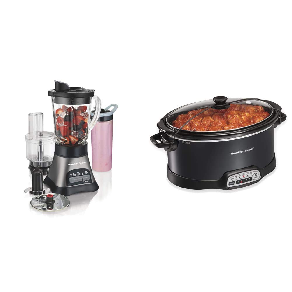 Hamilton Beach Wave Crusher Blender, 40oz Grey & Black (58163) - Powerful 700W Motor for Smoothies, Shakes & Ice Crushing | Portable 7-Quart Programmable Slow Cooker with Lid Latch Strap (33474) - Ideal for Travel, Potlucks & Family Dinners | Dishwasher-Safe & Easy Transport