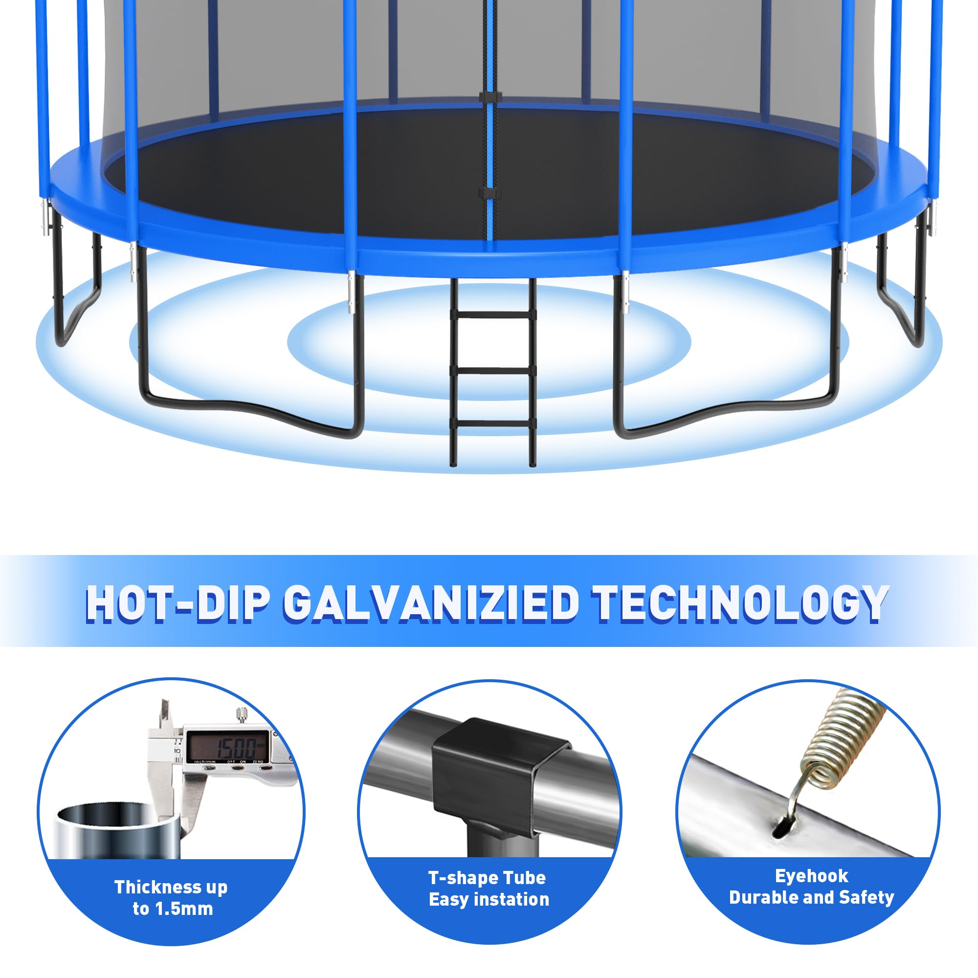 DeepRoar Trampoline for Kids & Adults - 1500LBS Capacity, 8FT to 16FT Sizes with Basketball Hoop, Safety Enclosure Net & LED Lights | Heavy Duty Outdoor Trampoline with Sprinkler, Socks & ASTM Certification | Perfect for Backyard Fun, Exercise & Family Bonding