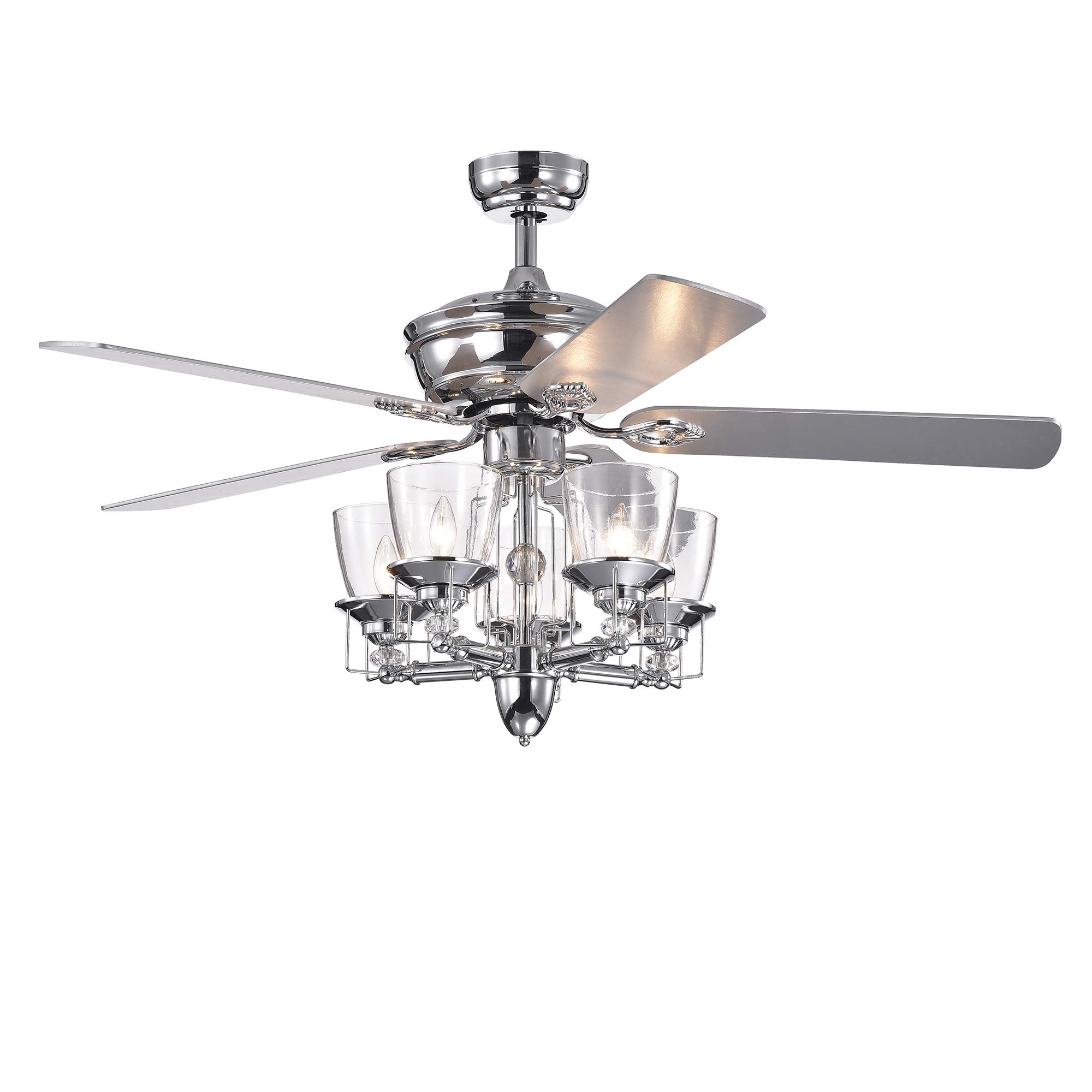 Tiffany Style Chrome Ceiling Fan with Glass Cup Branched Chandelier and LED Lights - Modern Lighting for Living Room, Bedroom, or Dining Room