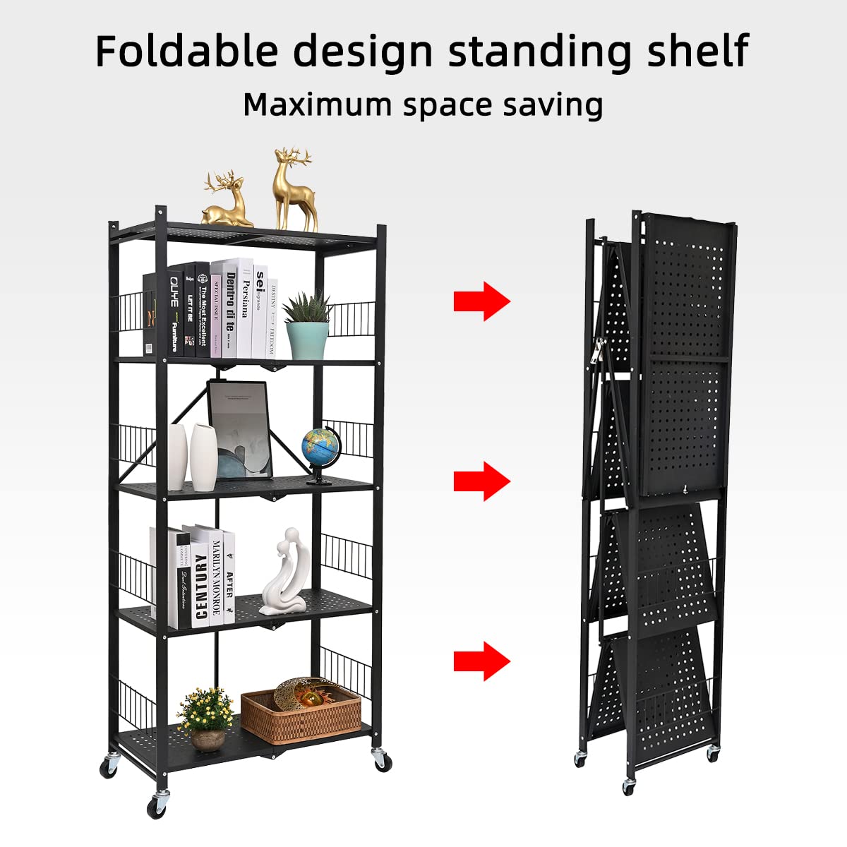 5-Tier Metal Folding Storage Shelves with Wheels - Heavy Duty Collapsible Shelving Unit, No Assembly Rolling Shelf for Garage, Kitchen, Pantry, Laundry Room & Closet Organization