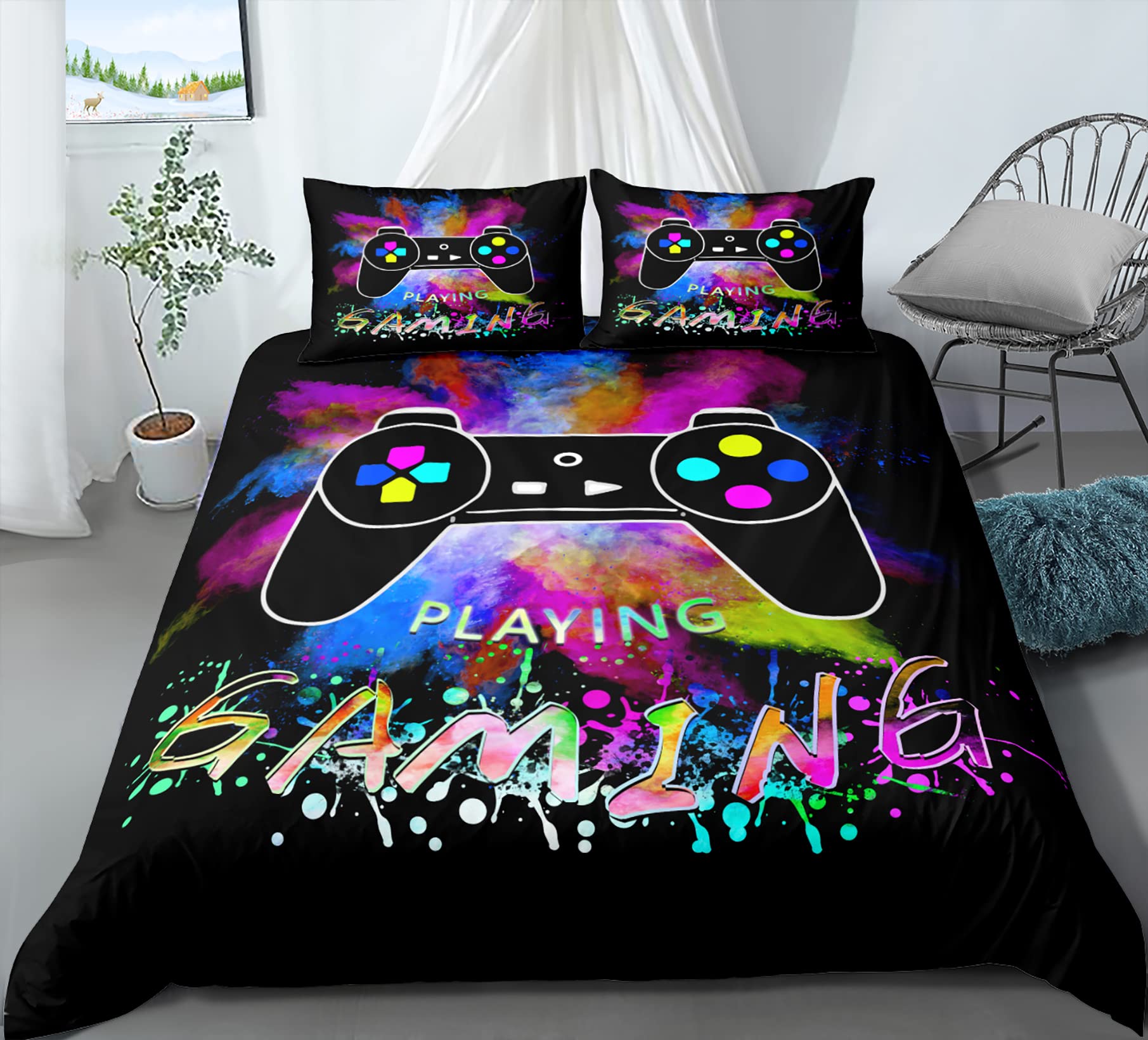 Colorful Tie Dye Gaming Comforter Set - Ultra Soft Microfiber Bedding for Teen Boys & Gamers - Modern Video Game Design for Bedroom Decor - Perfect for Gaming Rooms & Sleepovers