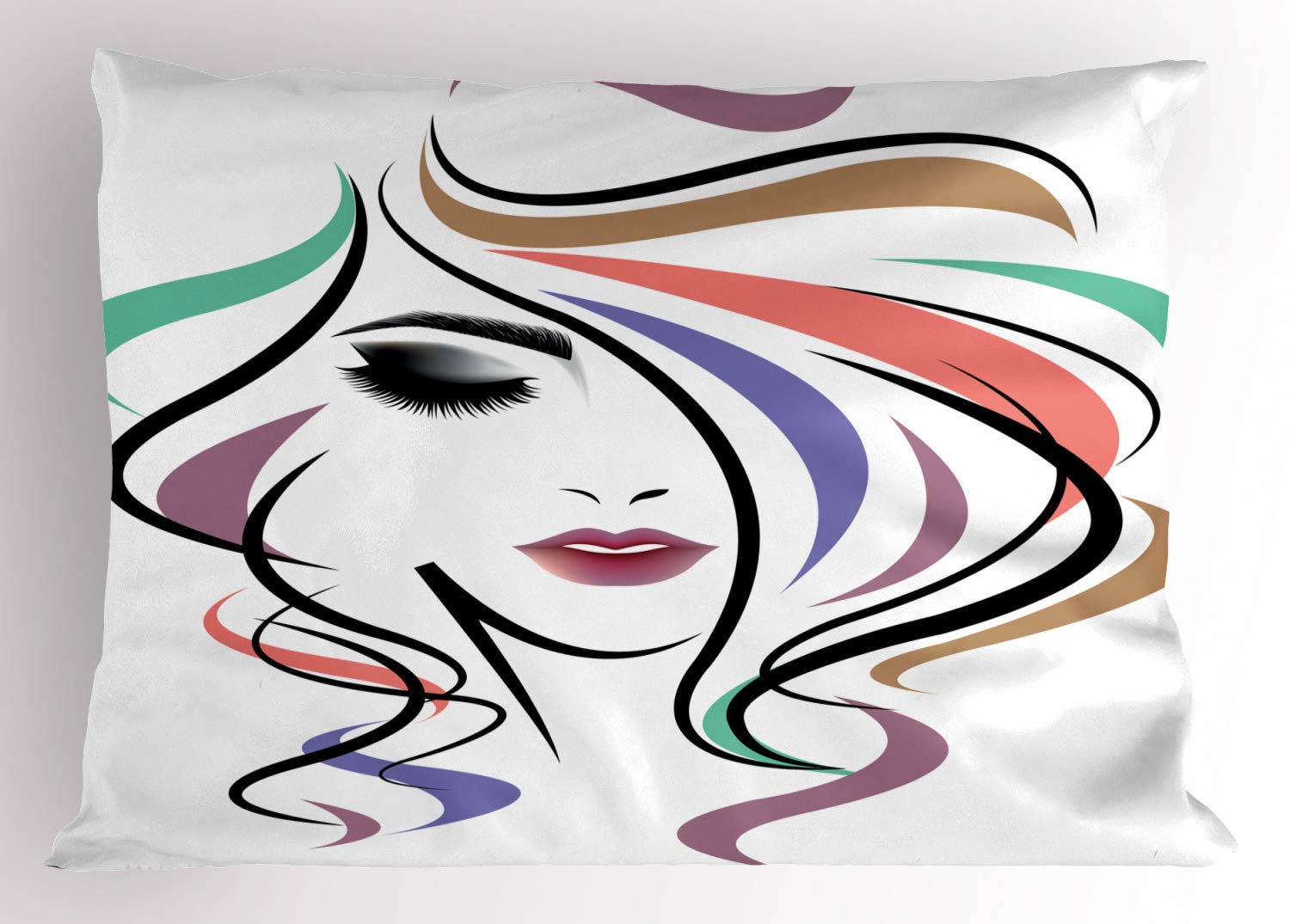 Ambesonne King Size Hair Salon Decorative Pillow Sham - Smokey Eye Make-up Lady with Colorful Wavy Hair Stripes, 36