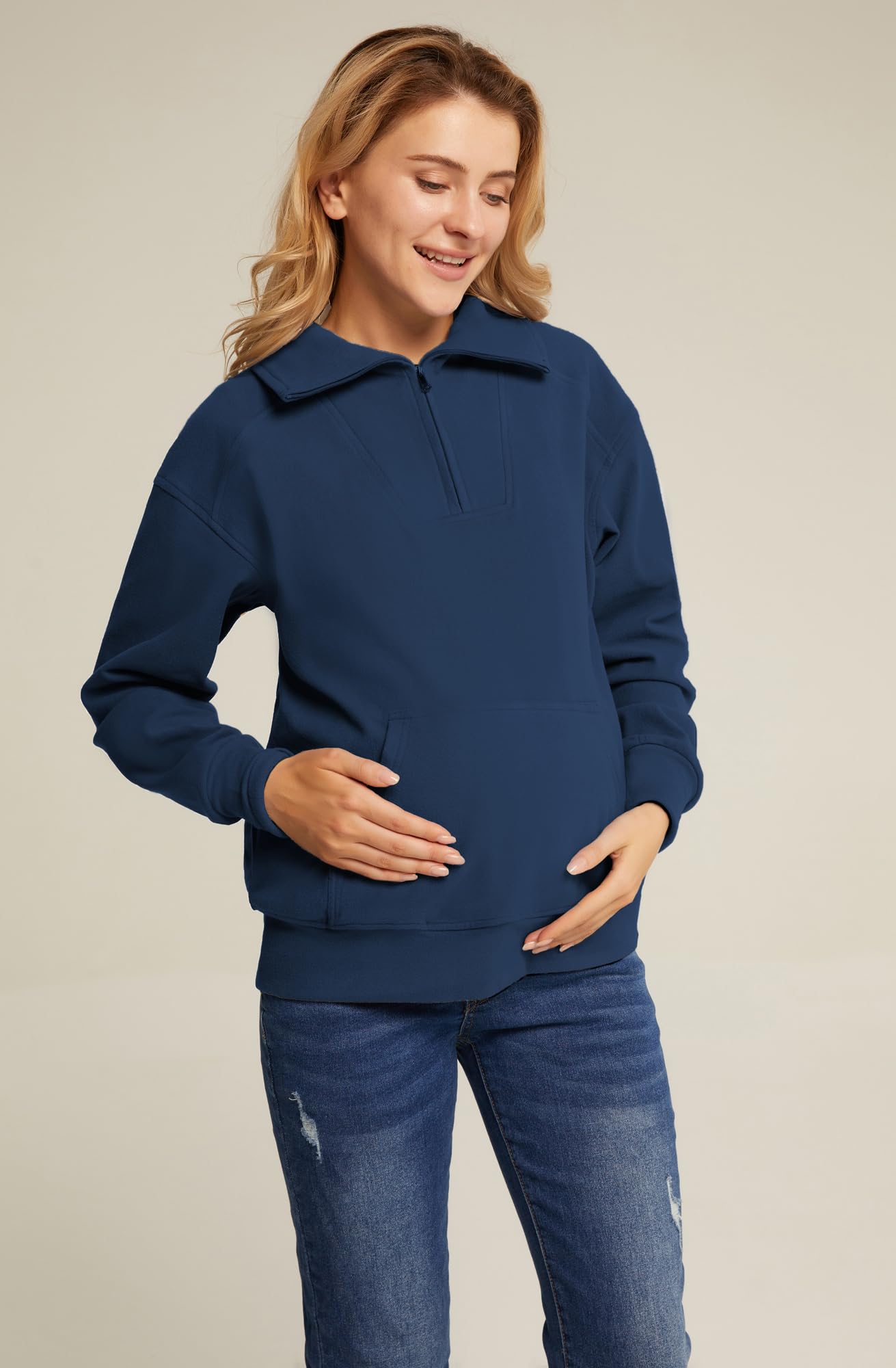 Maacie Maternity Sweatshirt - Half Zip Thermal Fleece Pullover with Thumbholes & Kangaroo Pocket - Cozy Winter Pregnancy Wear for Nursing Moms