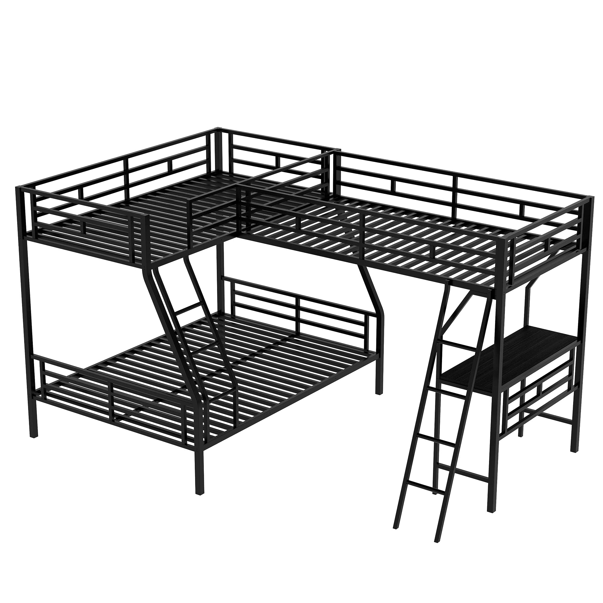 Triple Bunk Beds with Ladder - L-Shaped Twin Over Full Metal Bunk Bed Frame with Attached Loft Bed & Desk for Kids, Teens, Boys & Girls - Space-Saving Metallic Black Corner Bunk Bed for Small Rooms, Dorms & Shared Bedrooms