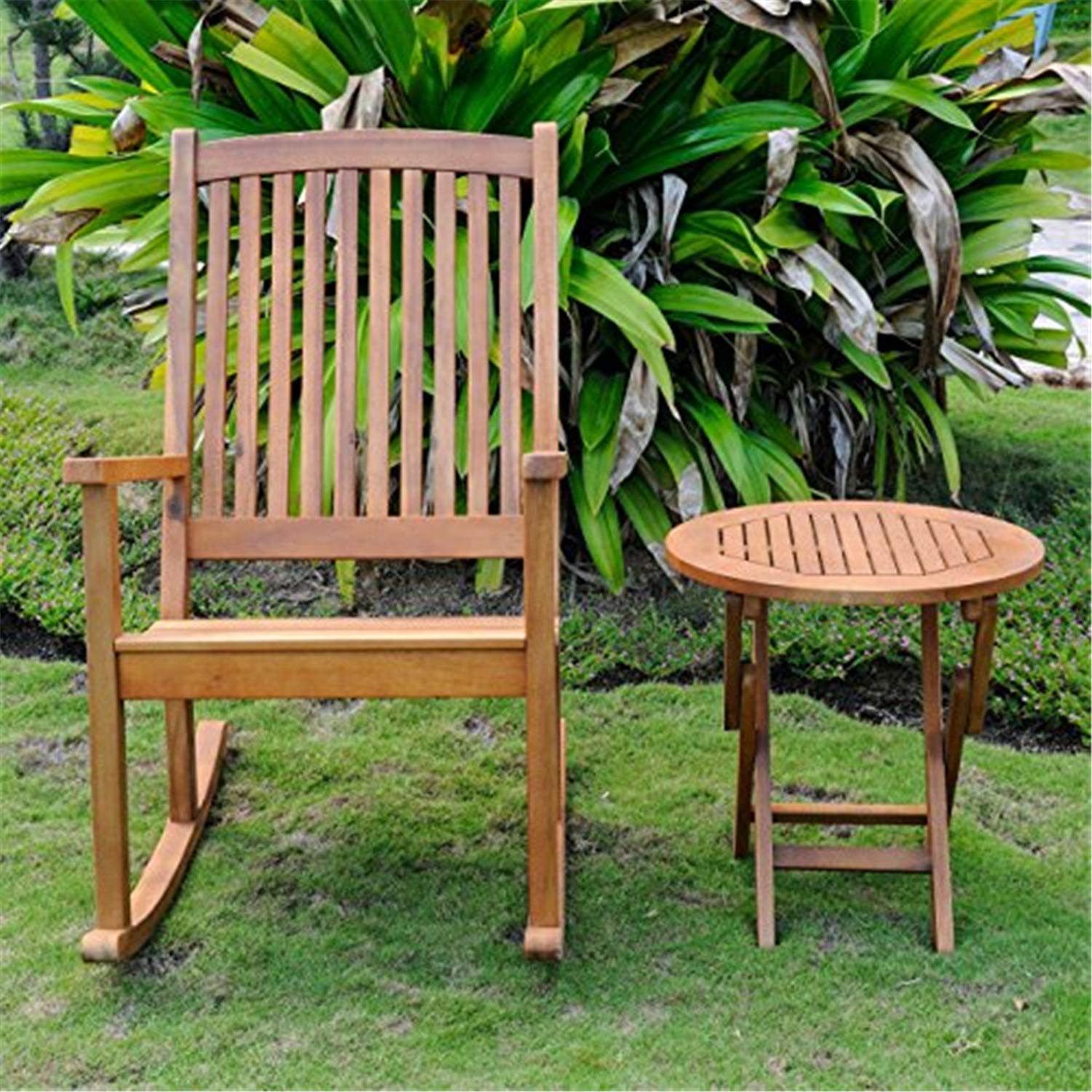 International Caravan Nicosia Acacia Wood Rocking Chair with Side Table - Outdoor Patio Furniture for Garden, Porch & Backyard Relaxation
