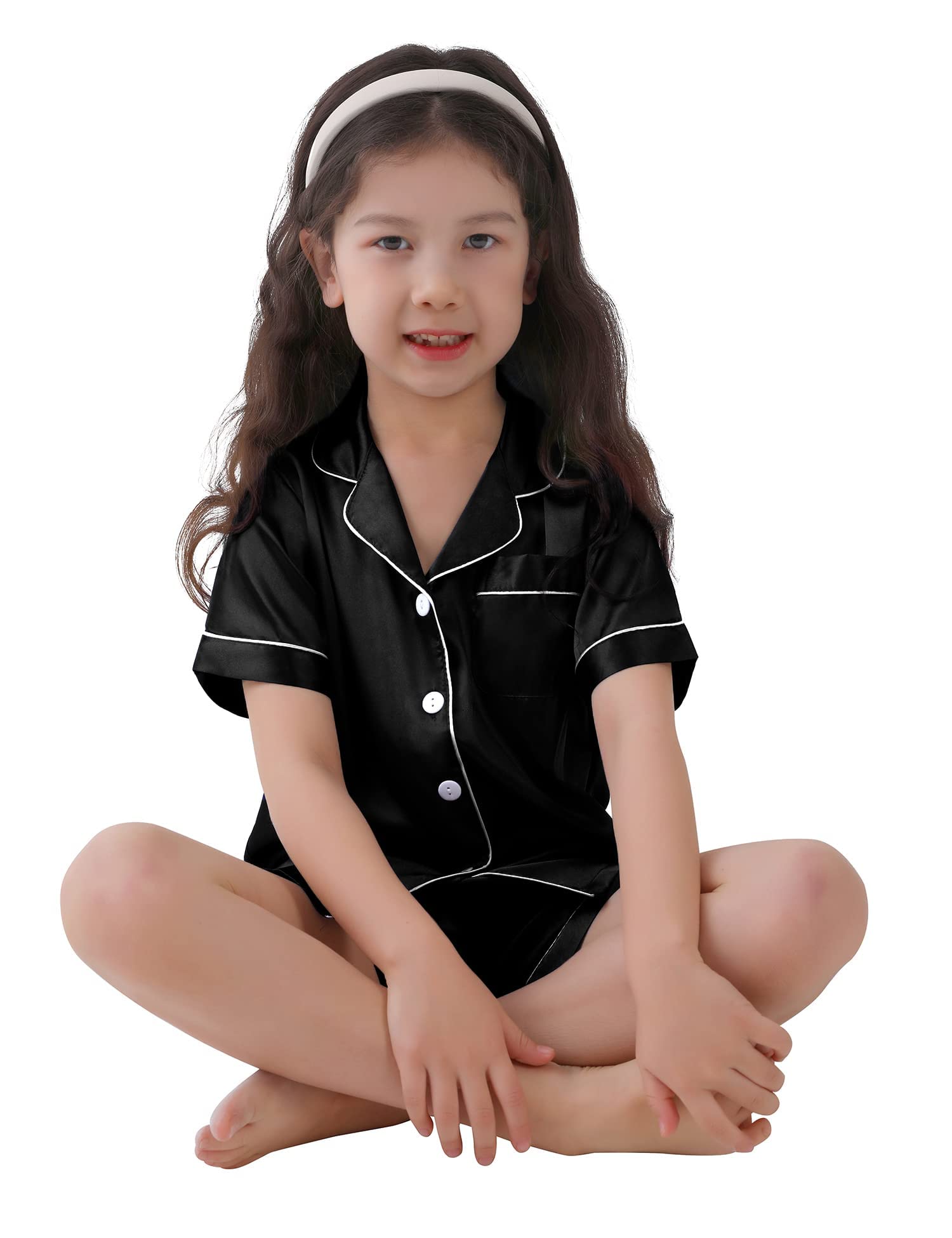 SWOMOG Kids Satin Pajama Set for Girls & Boys - Soft Button-Down Silk Pajamas with Short Sleeves, 2-Piece Nightwear & Lounge Outfit - Perfect for Sleepovers, Bedtime & Relaxing at Home