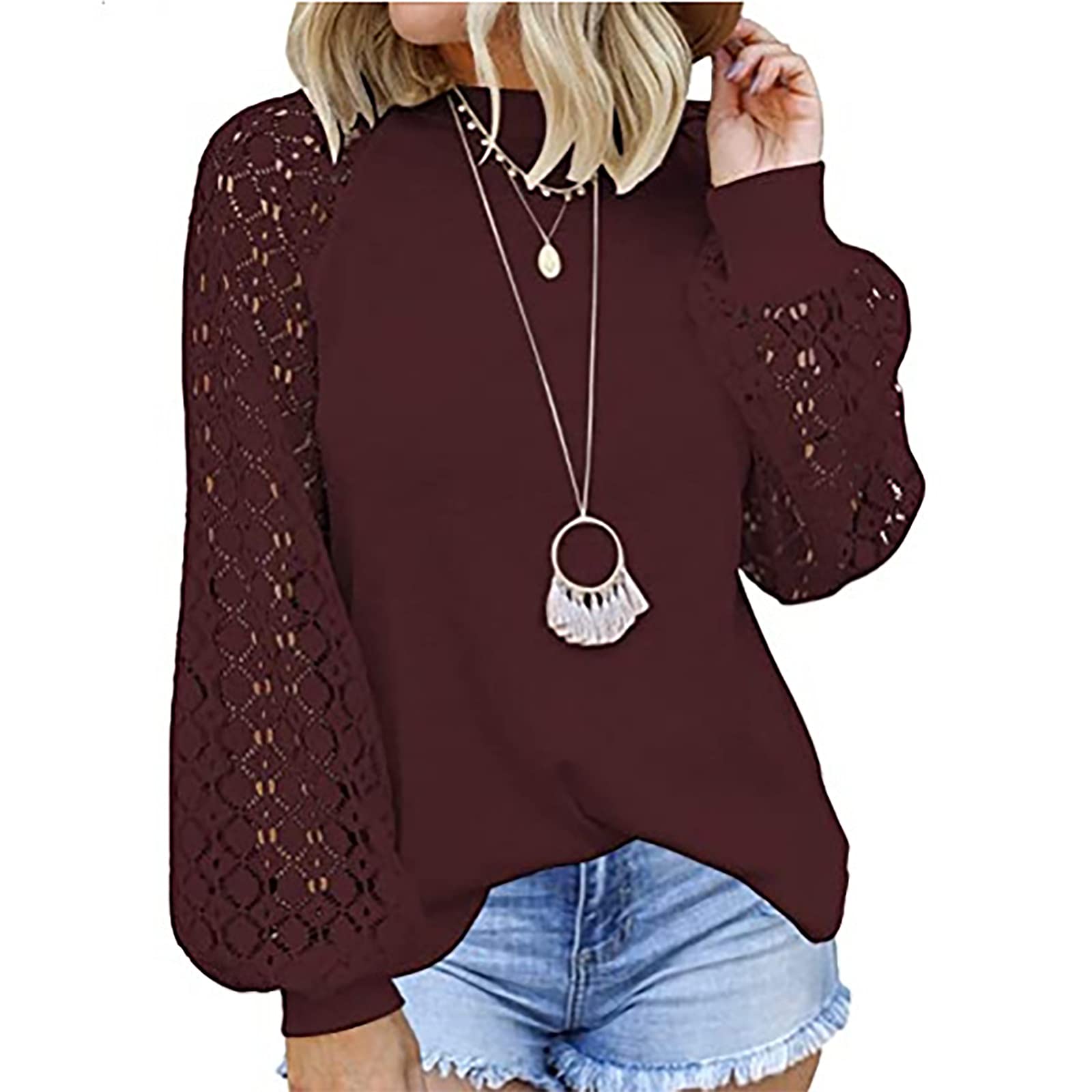 ZEFOTIM Plus Size Women's Tops - Trendy Spring Solid Lace Splicing Shirt with Stylish Lantern Sleeves & O-Neck Tunic Blouse | Perfect for Office Wear, Date Night & Casual Outfits