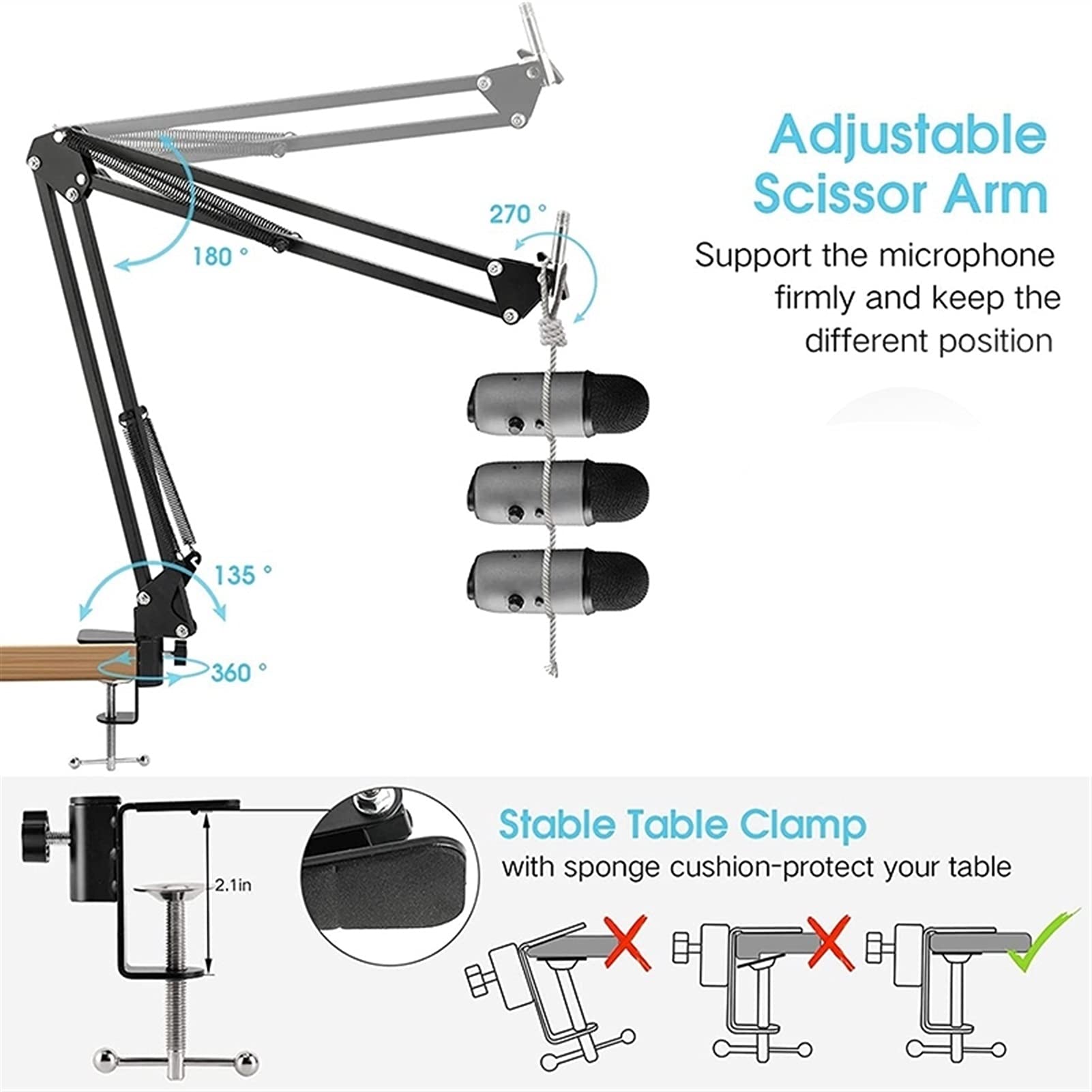 Adjustable Microphone Boom Arm Stand with Suspension Scissor - Compatible with Blue Snowball & Other Mics, Phone Holder - Black | Perfect for Podcasting, Streaming & Home Studio Recording