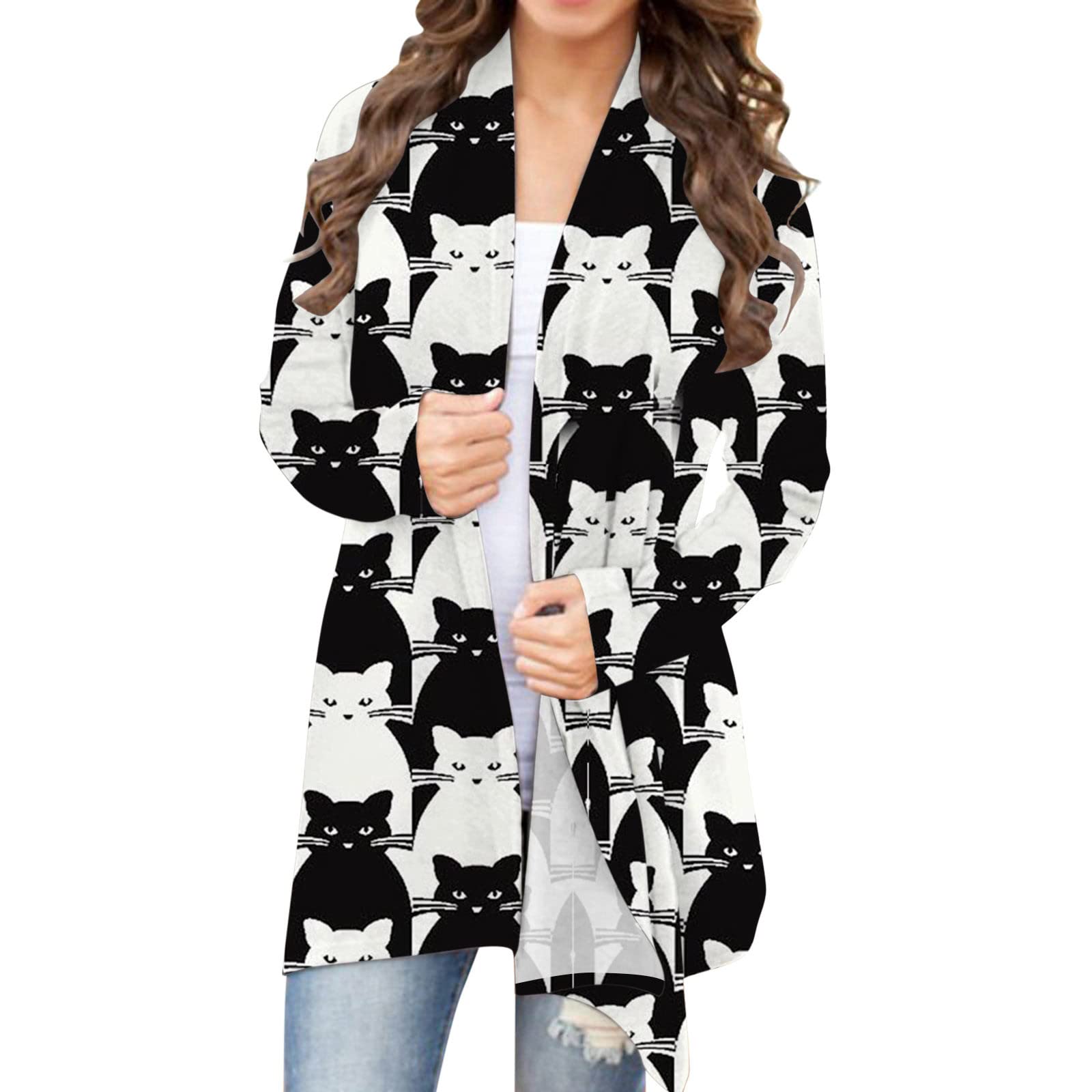 Women's Halloween Cardigan - Pumpkin Cat Print Long Sleeve Open Front Coat, Plus Size Leopard Sweater for Fall, Christmas & Cozy Outfits