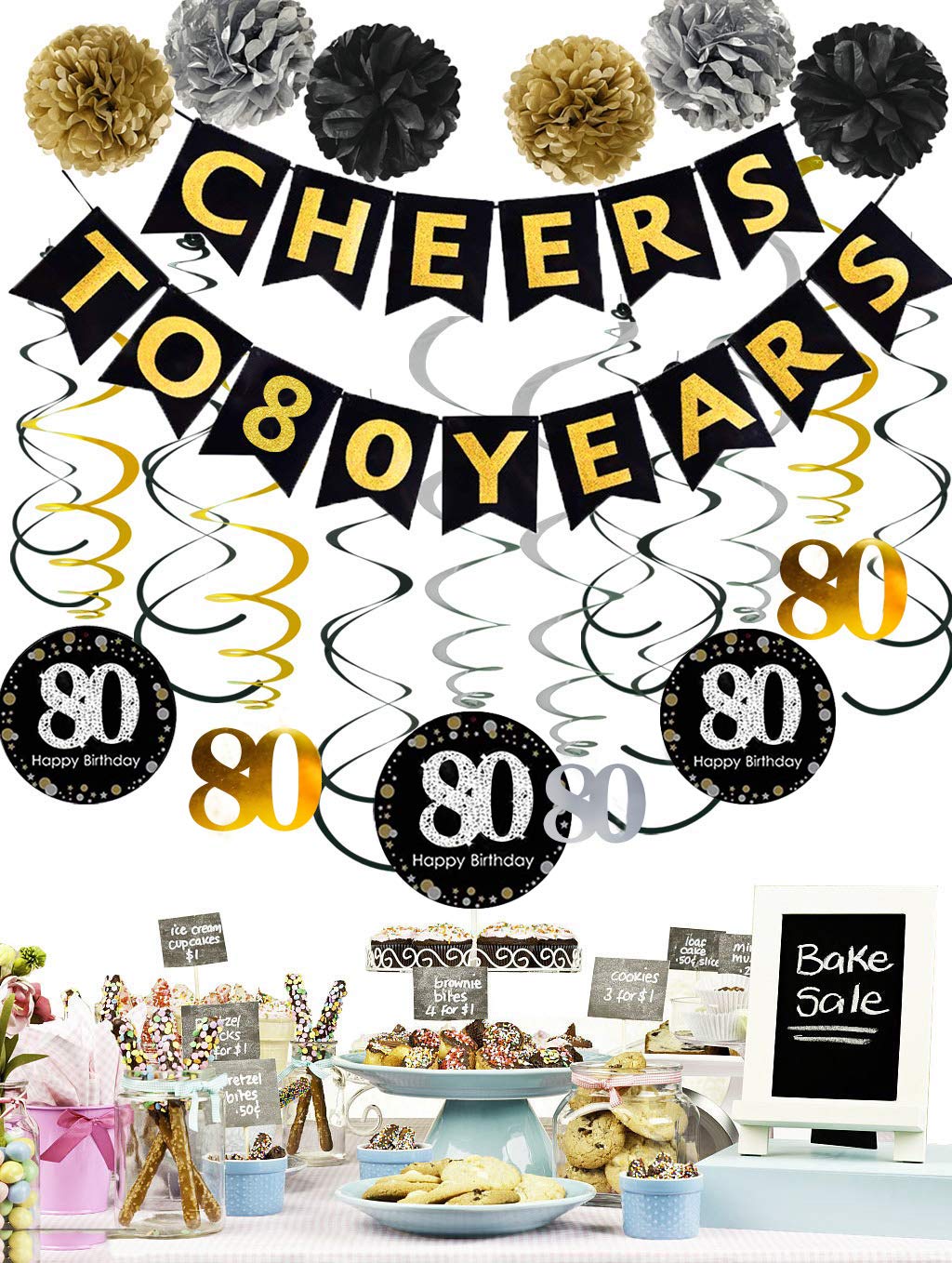 80th Birthday Party Decorations Kit - Gold Glitter Cheers to 80 Years Banner, Pom Poms, 12PCS Sparkling 80 Hanging Swirls for Anniversary Decor | Perfect for 80th Birthday Parties, Milestone Celebrations & Retirement Events
